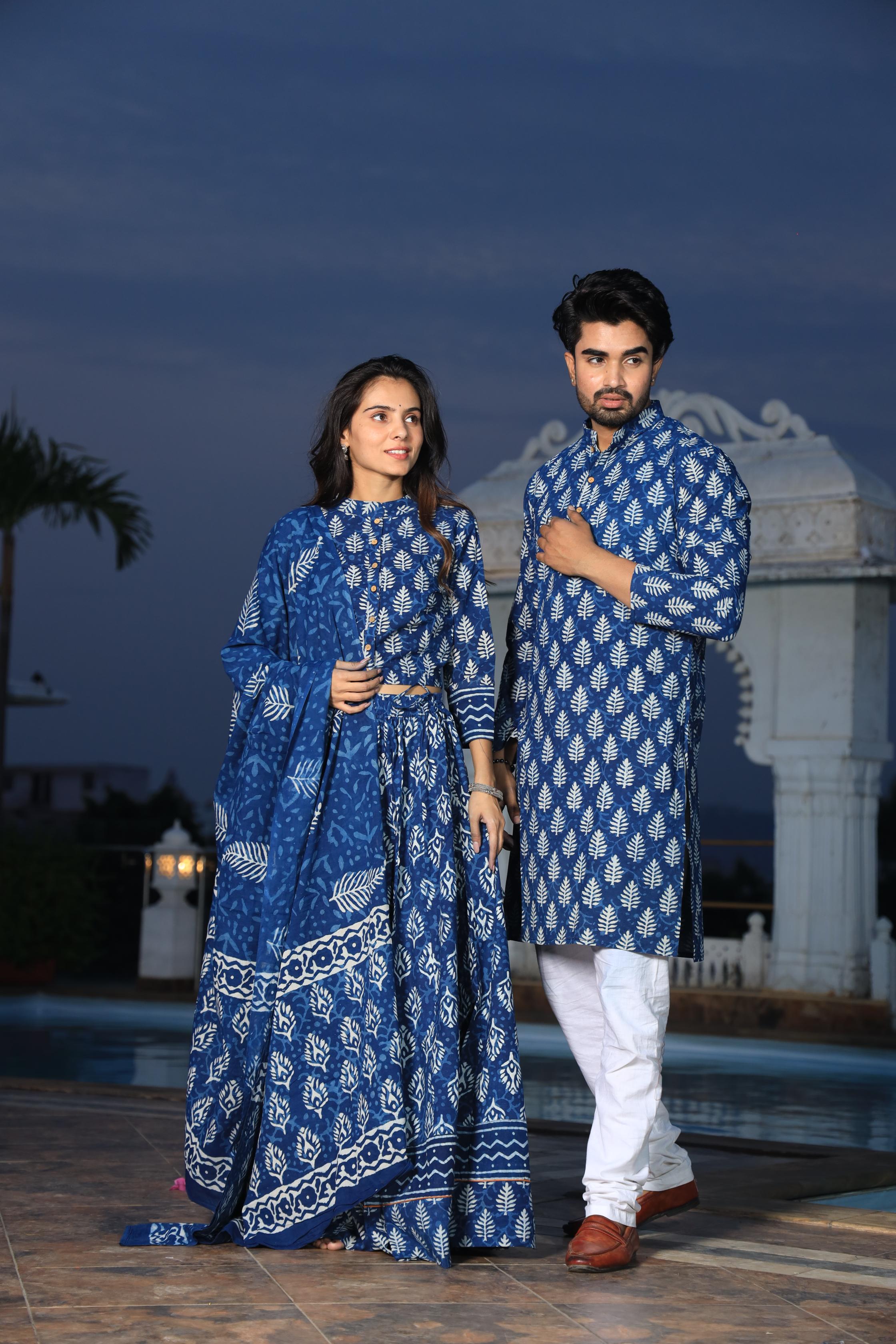 Deep Blue Leaf Hand-Printed Cotton Chaniya Choli & Kurta Couple Set