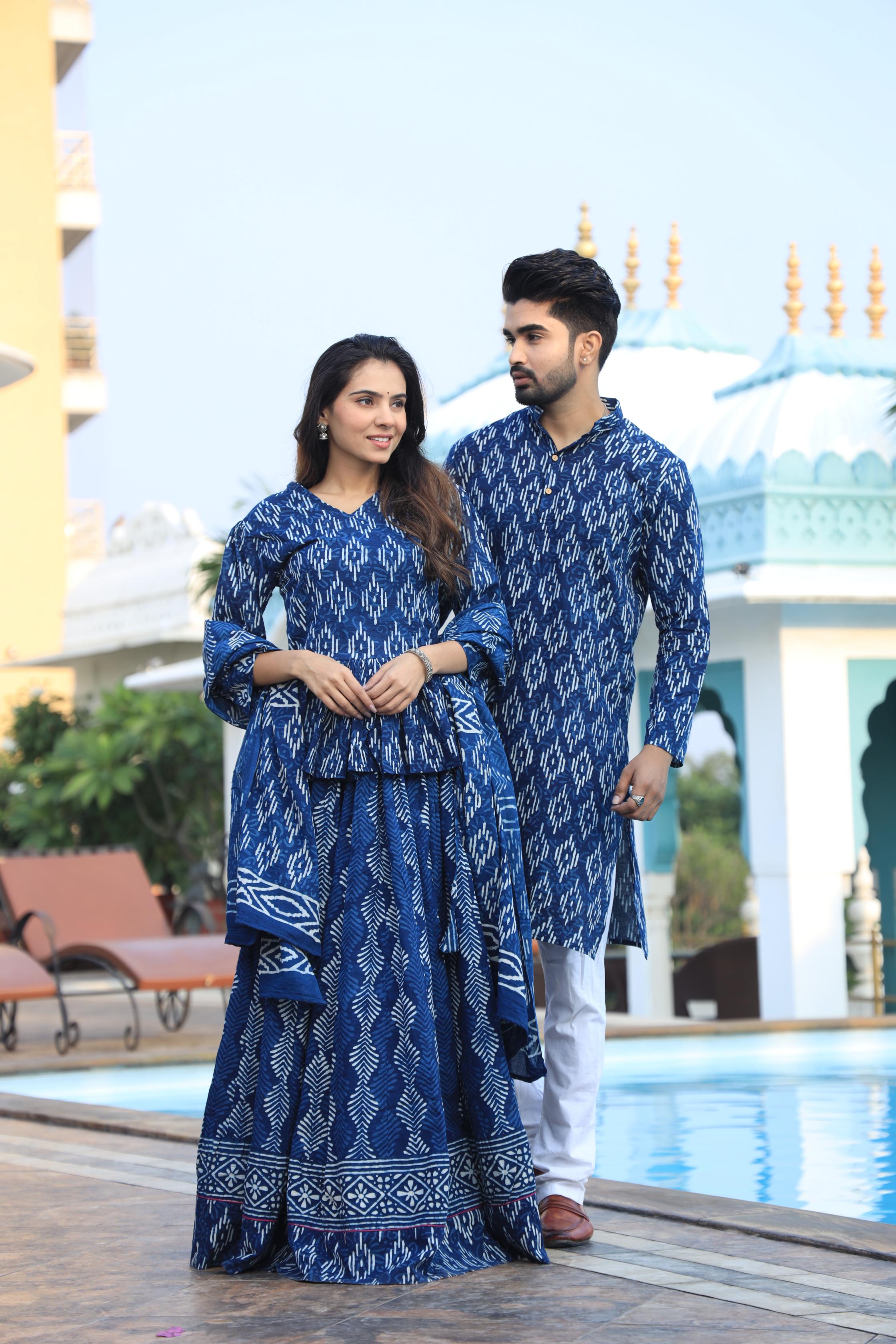 Indigo Blue and White Geometric Hand-Printed Cotton Chaniya Choli & Kurta Couple Set