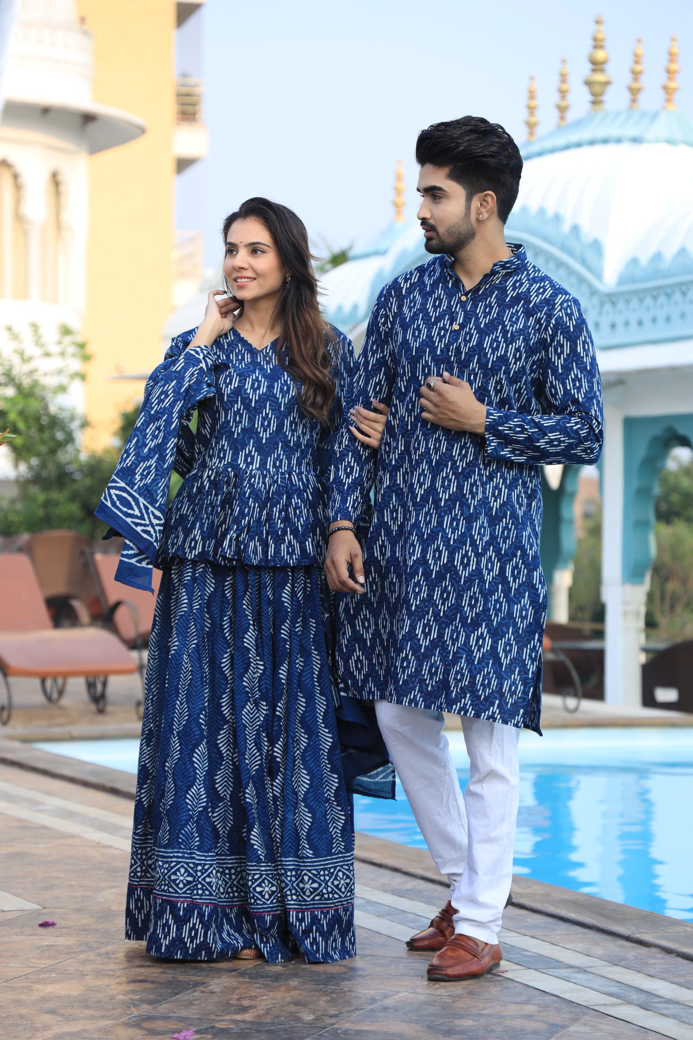 Indigo Blue and White Geometric Hand-Printed Cotton Chaniya Choli & Kurta Couple Set
