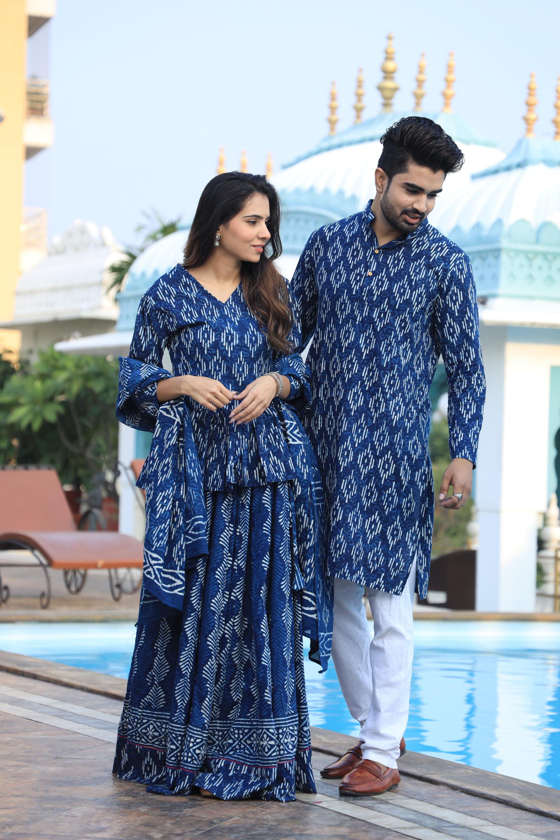 Indigo Blue and White Geometric Hand-Printed Cotton Chaniya Choli & Kurta Couple Set
