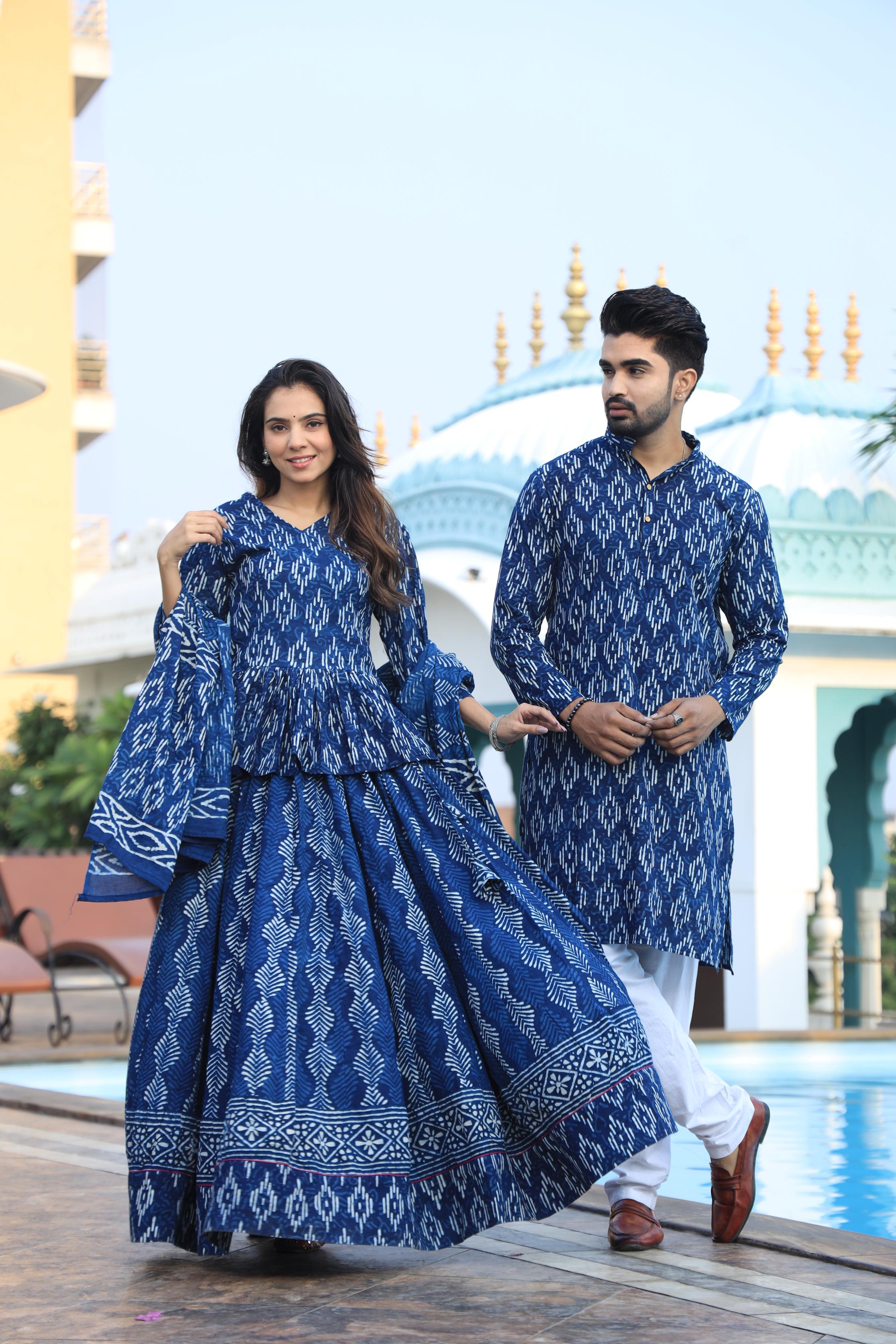 Indigo Blue and White Geometric Hand-Printed Cotton Chaniya Choli & Kurta Couple Set