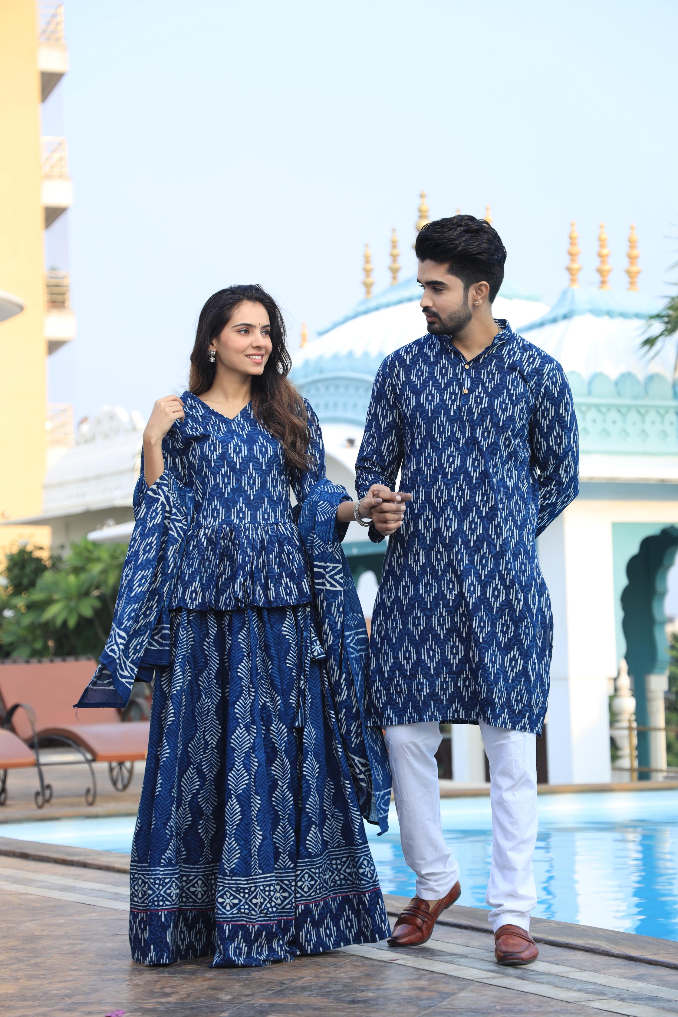 Indigo Blue and White Geometric Hand-Printed Cotton Chaniya Choli & Kurta Couple Set