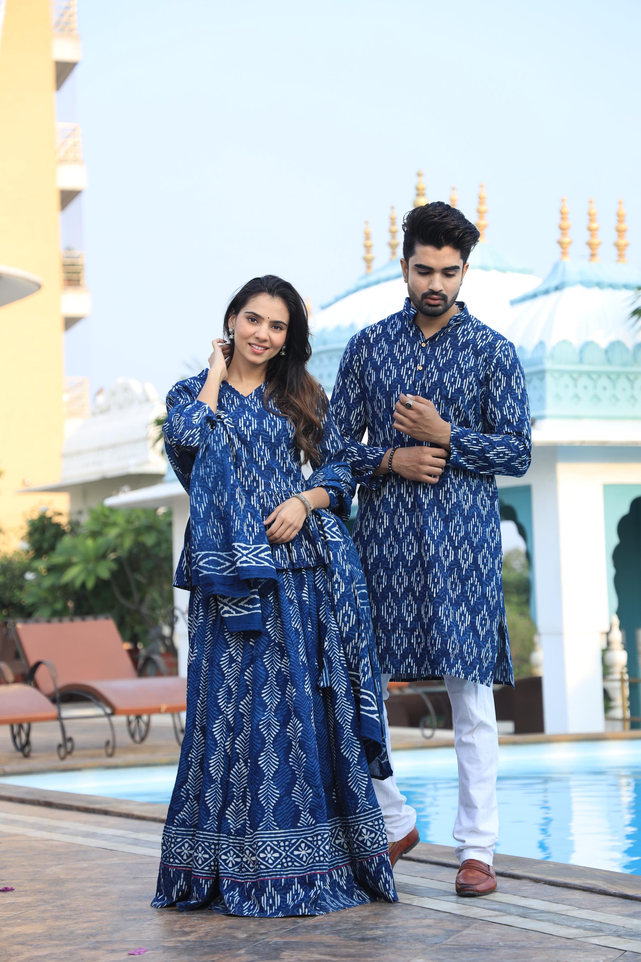 Indigo Blue and White Geometric Hand-Printed Cotton Chaniya Choli & Kurta Couple Set