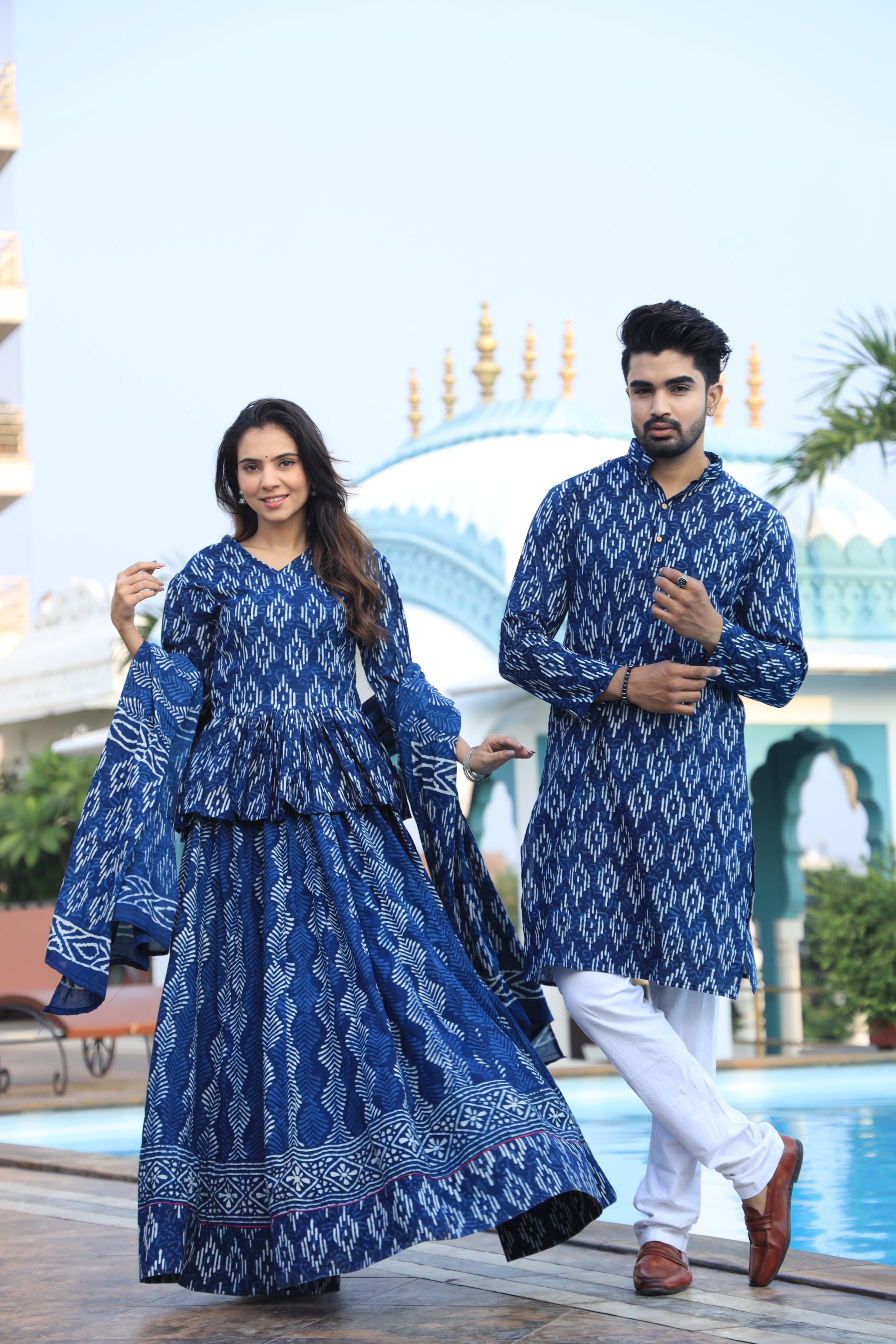 Indigo Blue and White Geometric Hand-Printed Cotton Chaniya Choli & Kurta Couple Set