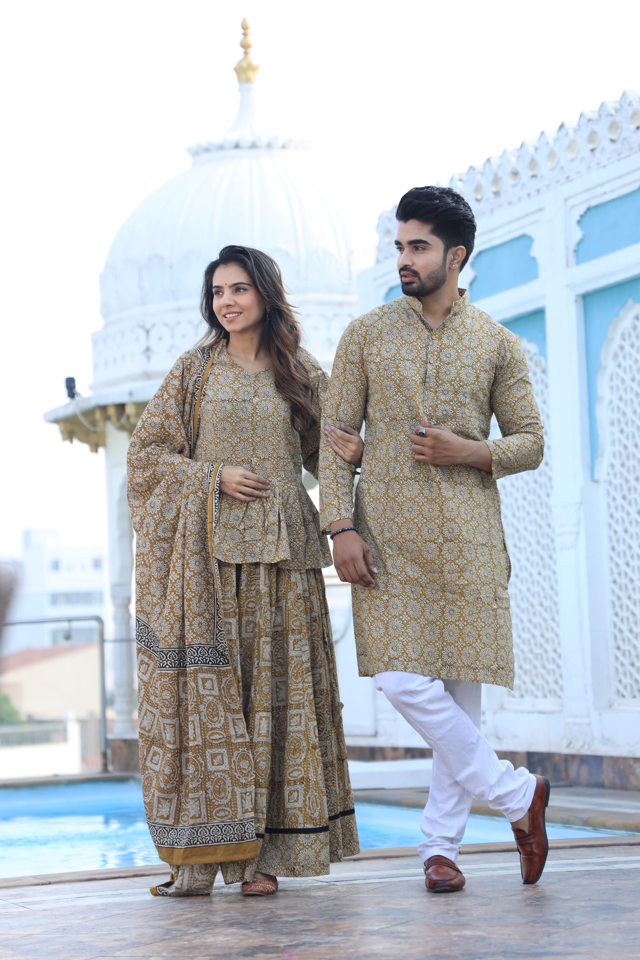 Mustard Yellow Floral Hand-Printed Cotton Chaniya Choli & Kurta Couple Set