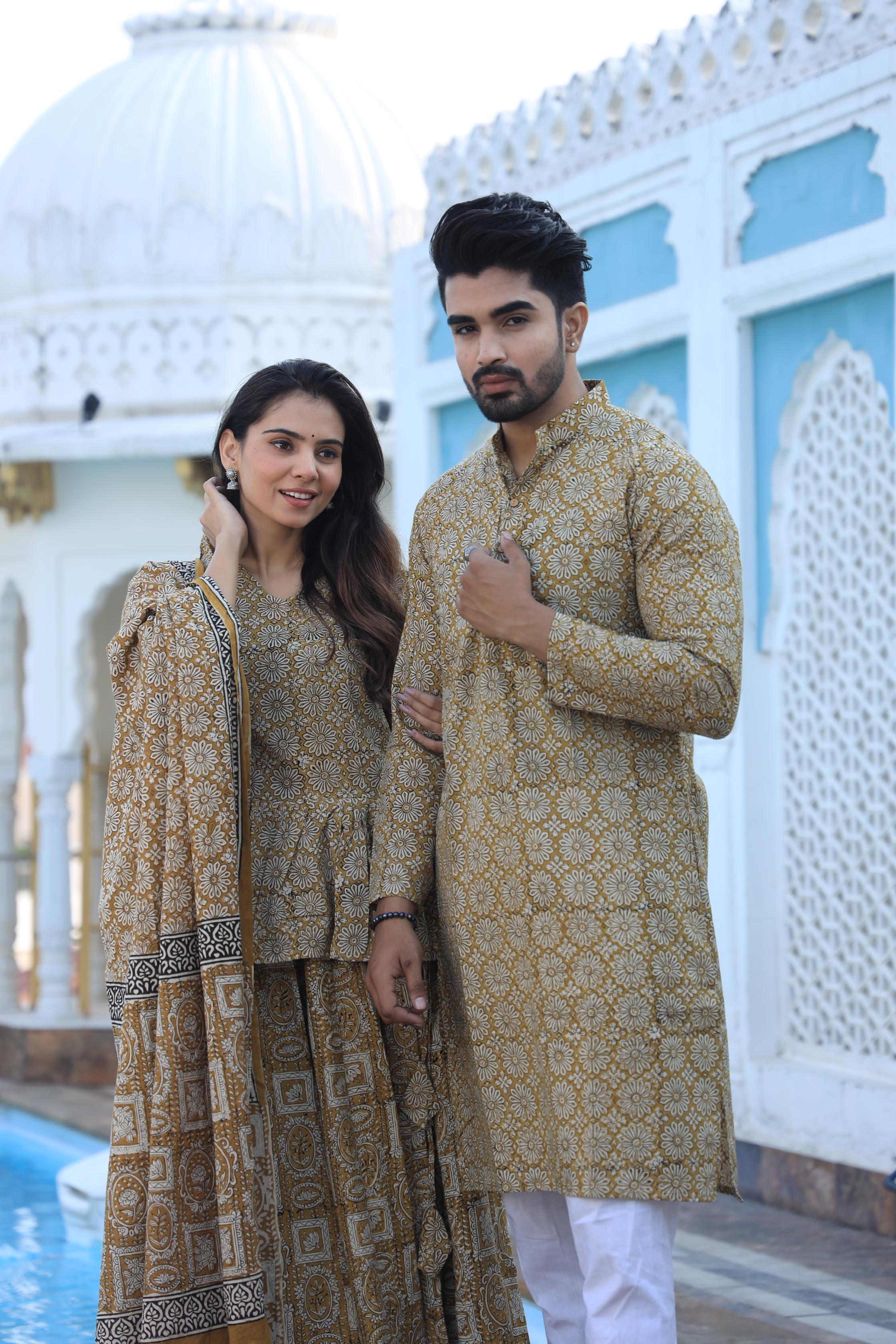Mustard Yellow Floral Hand-Printed Cotton Chaniya Choli & Kurta Couple Set