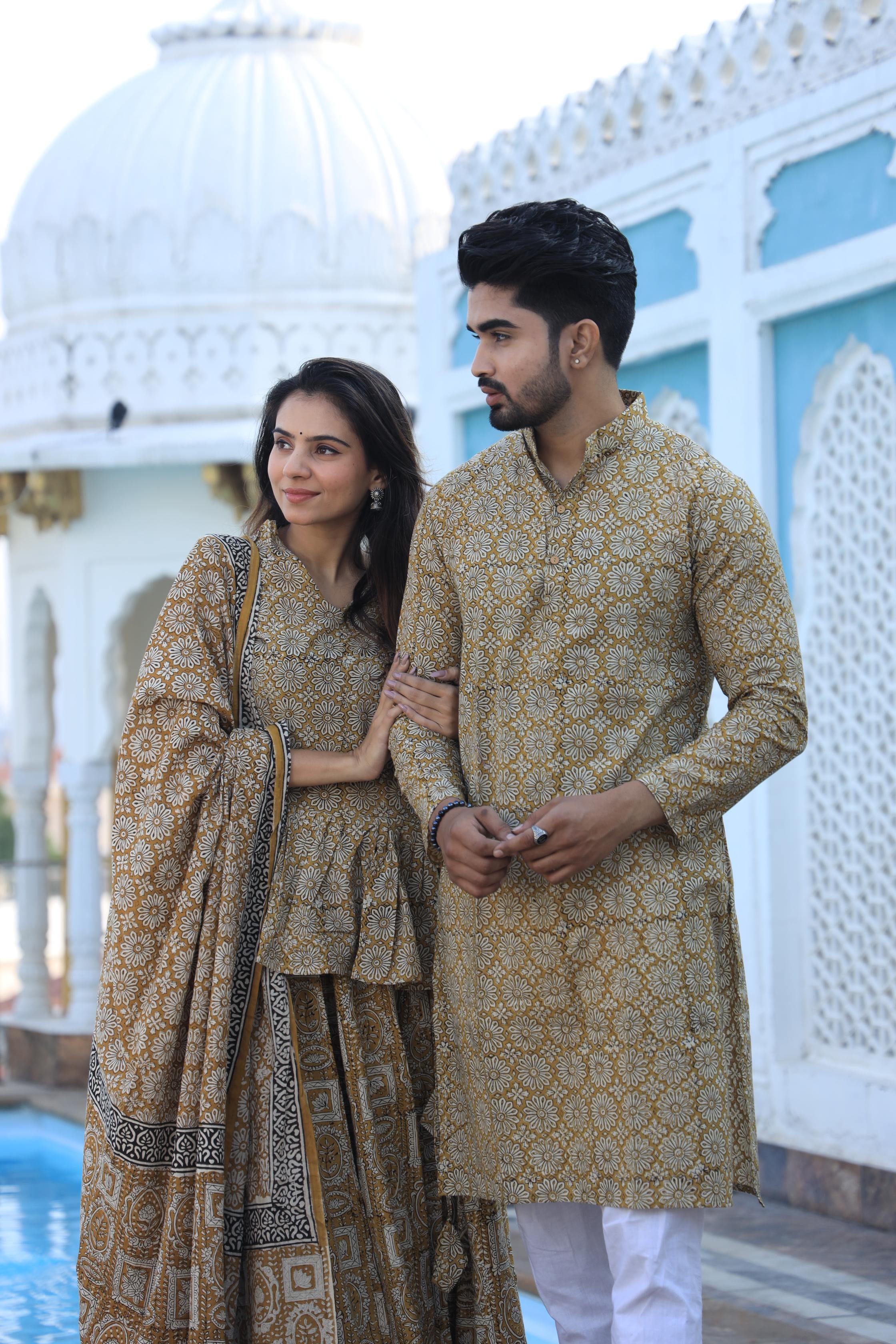 Mustard Yellow Floral Hand-Printed Cotton Chaniya Choli & Kurta Couple Set