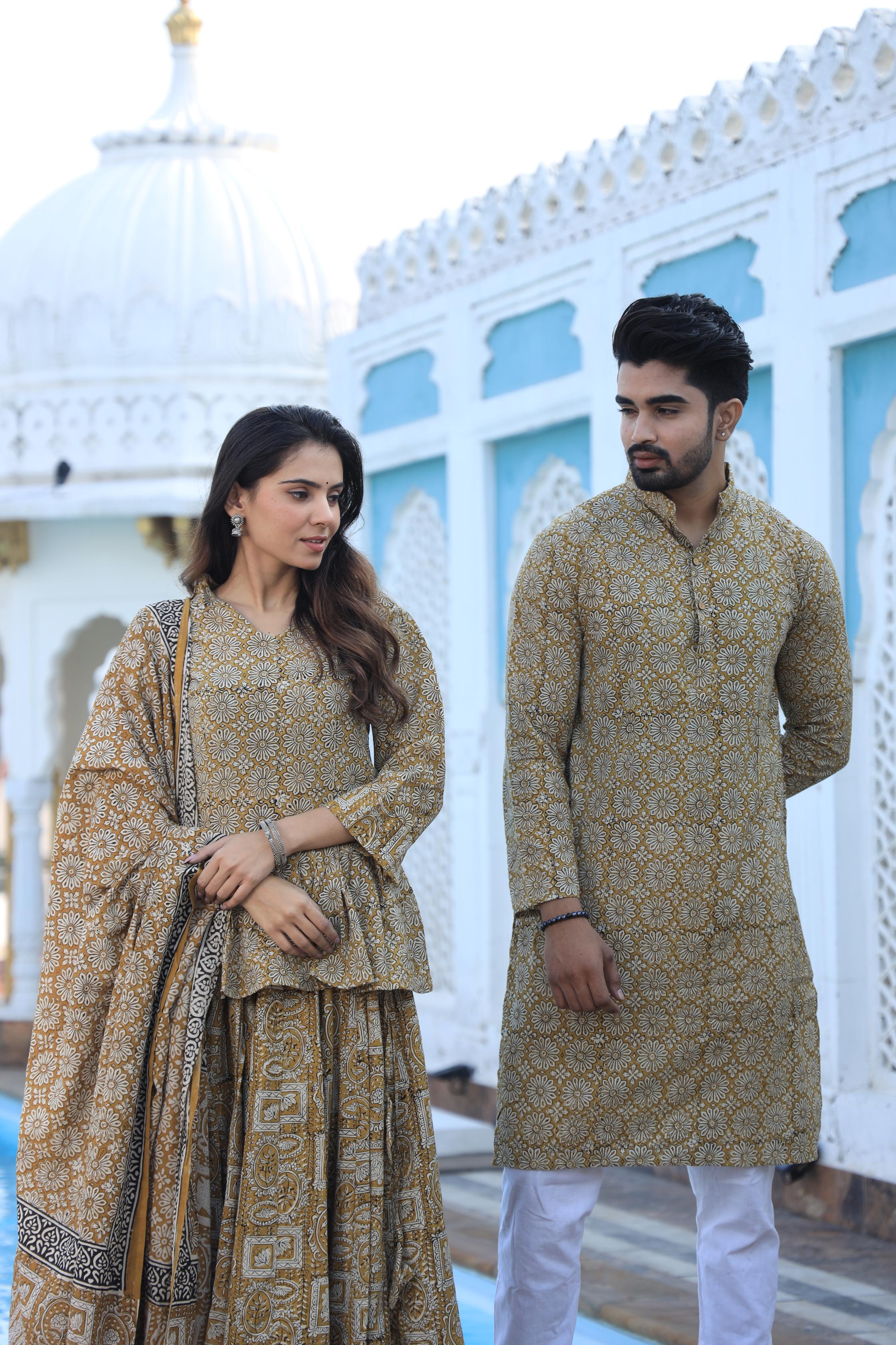 Mustard Yellow Floral Hand-Printed Cotton Chaniya Choli & Kurta Couple Set