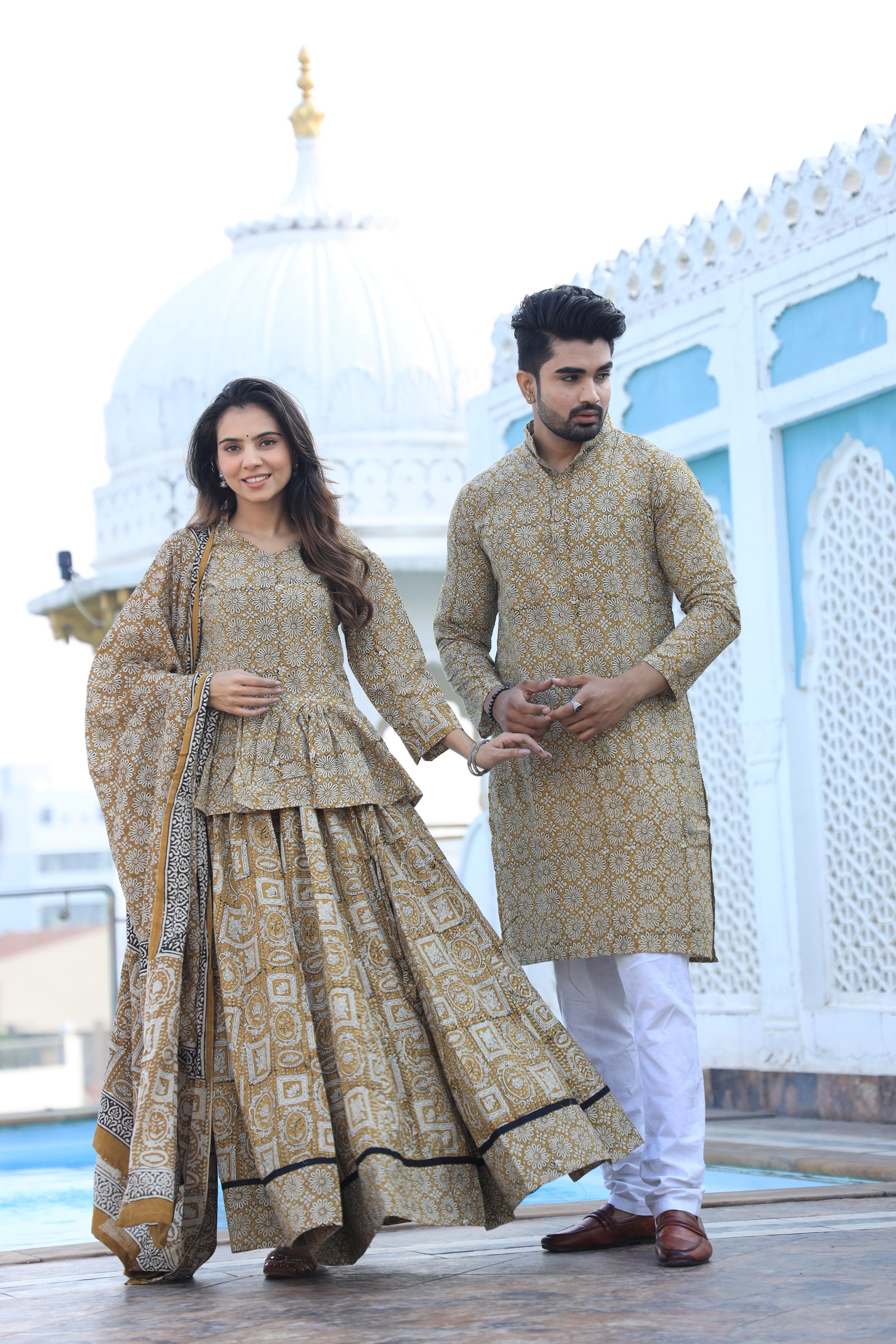 Mustard Yellow Floral Hand-Printed Cotton Chaniya Choli & Kurta Couple Set