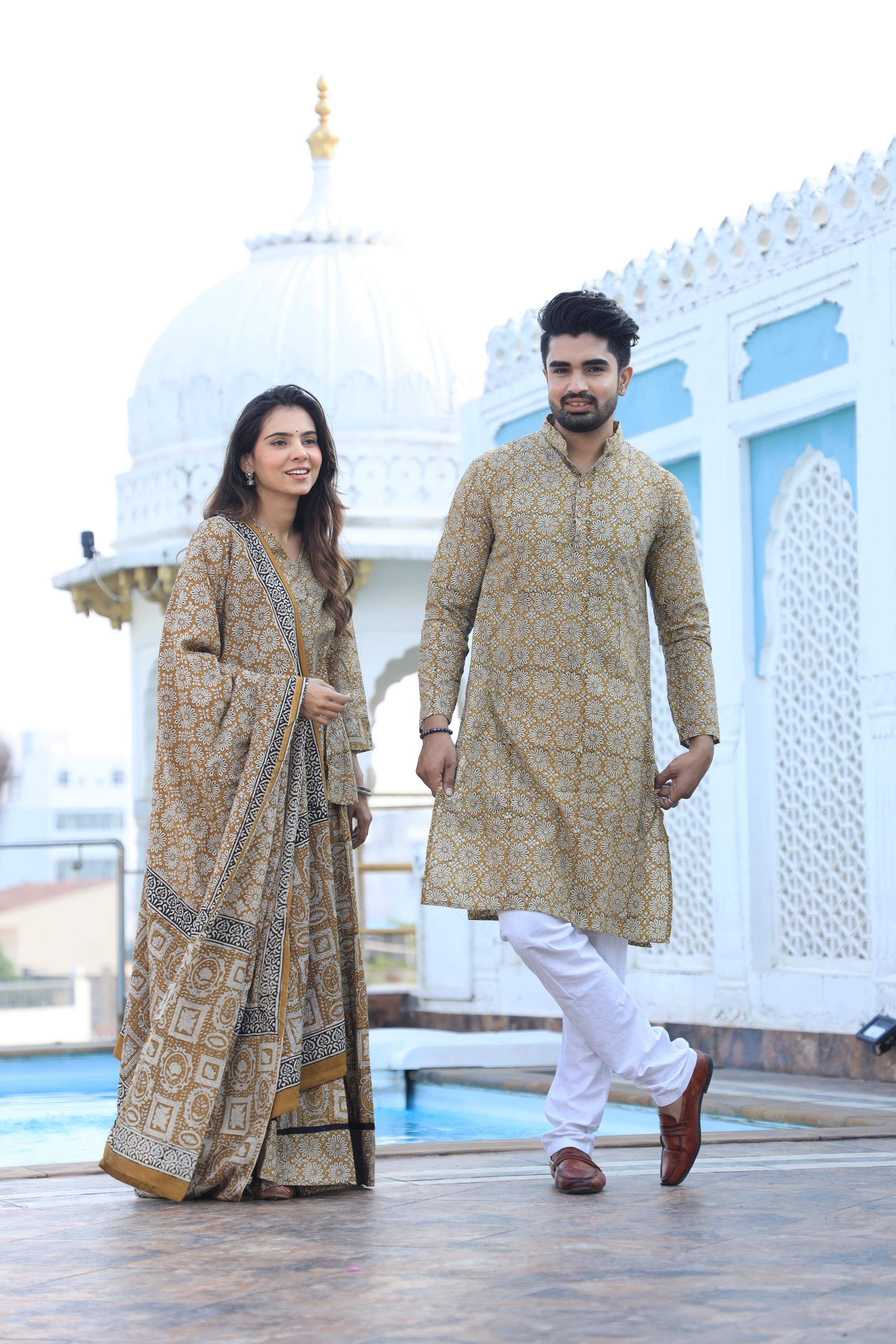 Mustard Yellow Floral Hand-Printed Cotton Chaniya Choli & Kurta Couple Set