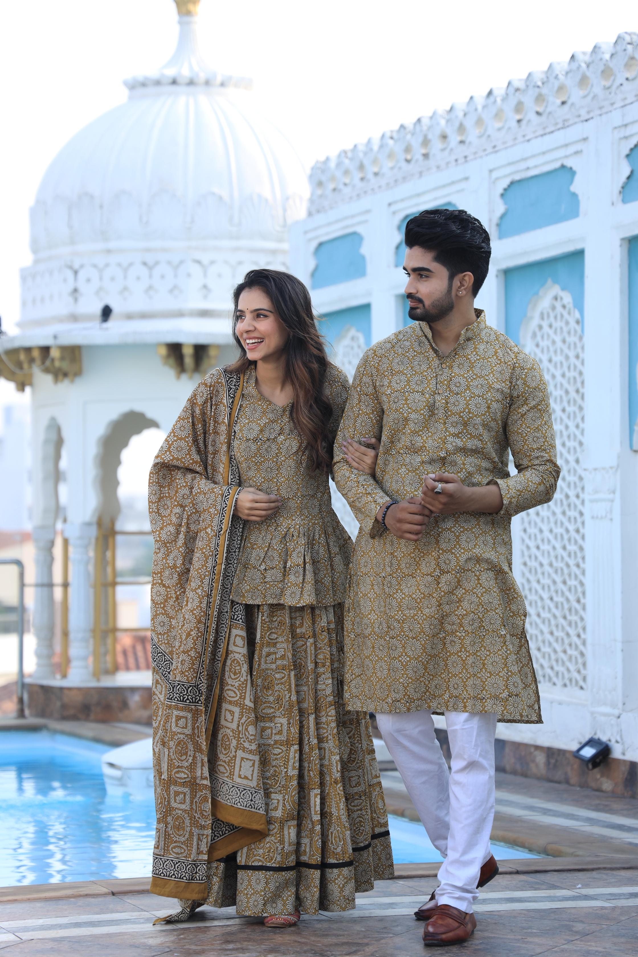 Mustard Yellow Floral Hand-Printed Cotton Chaniya Choli & Kurta Couple Set