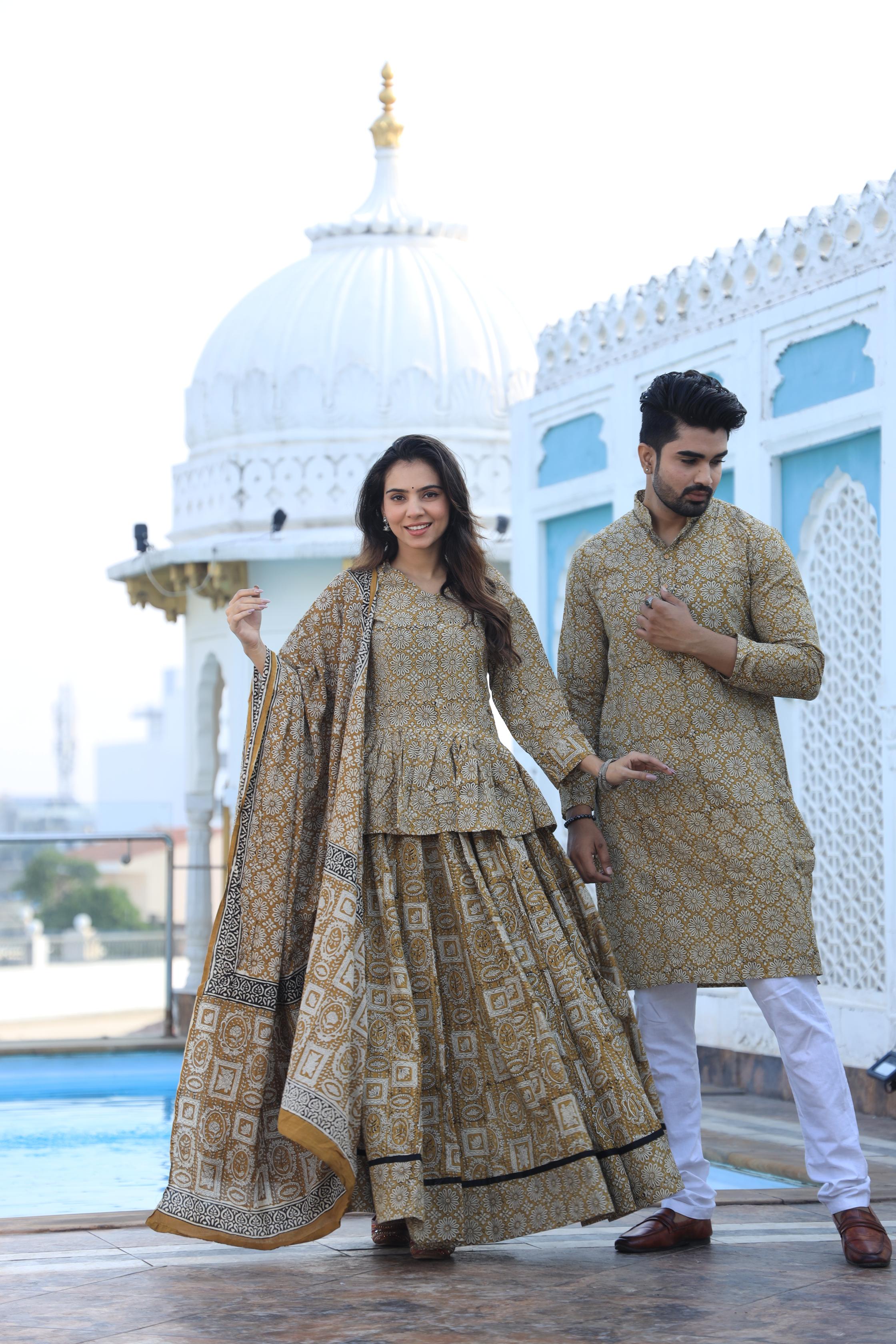 Mustard Yellow Floral Hand-Printed Cotton Chaniya Choli & Kurta Couple Set