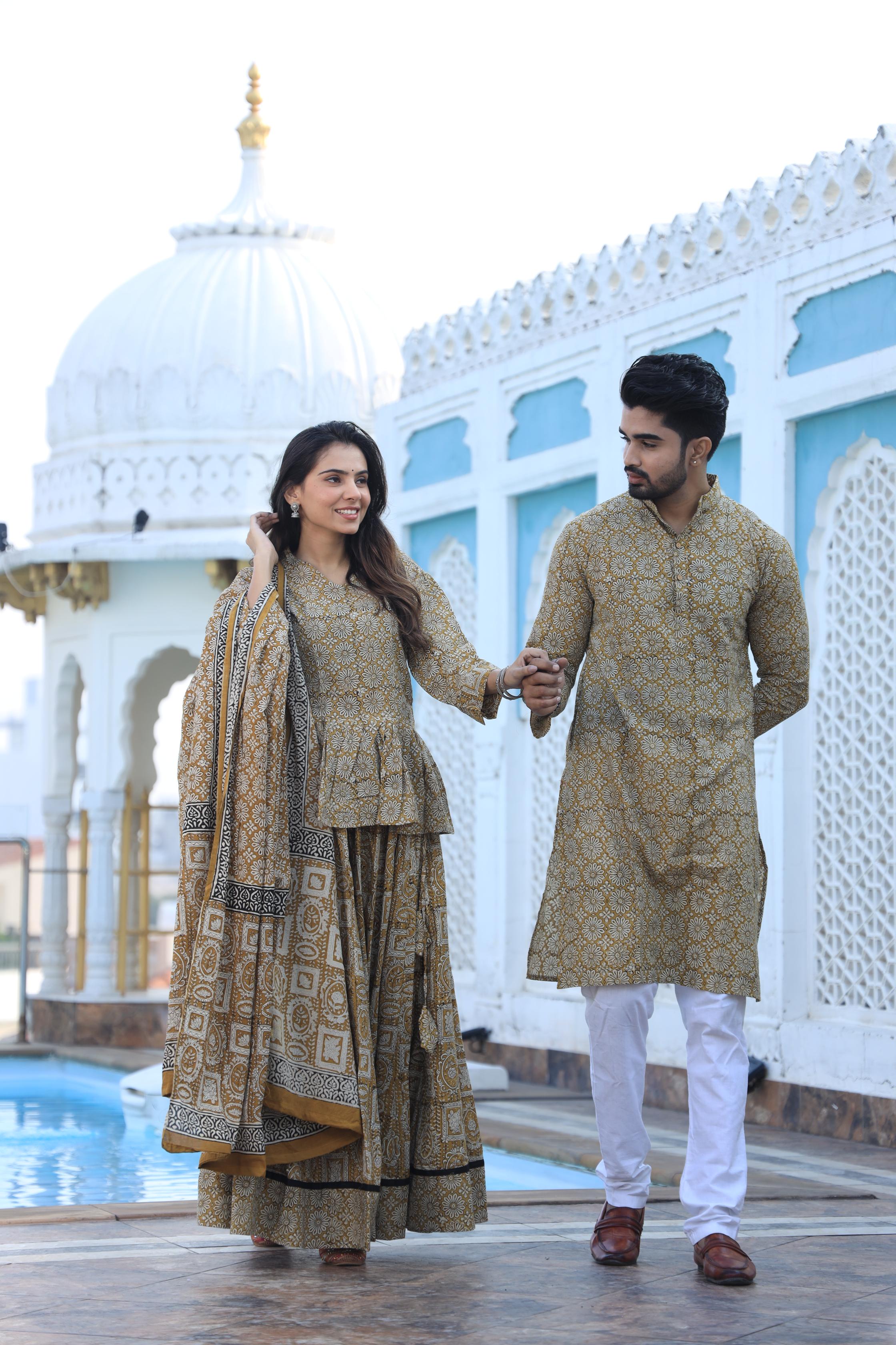 Mustard Yellow Floral Hand-Printed Cotton Chaniya Choli & Kurta Couple Set