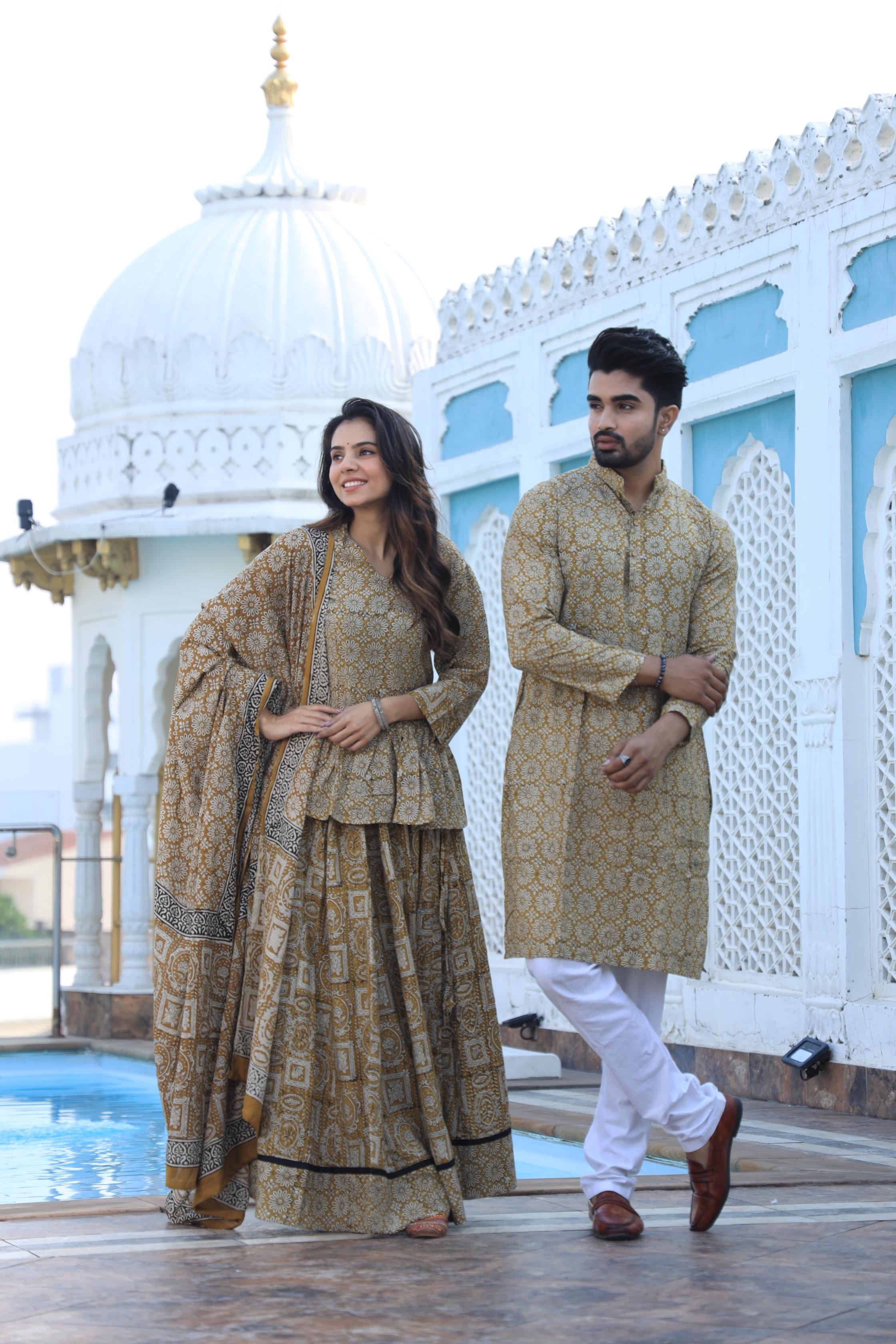 Mustard Yellow Floral Hand-Printed Cotton Chaniya Choli & Kurta Couple Set