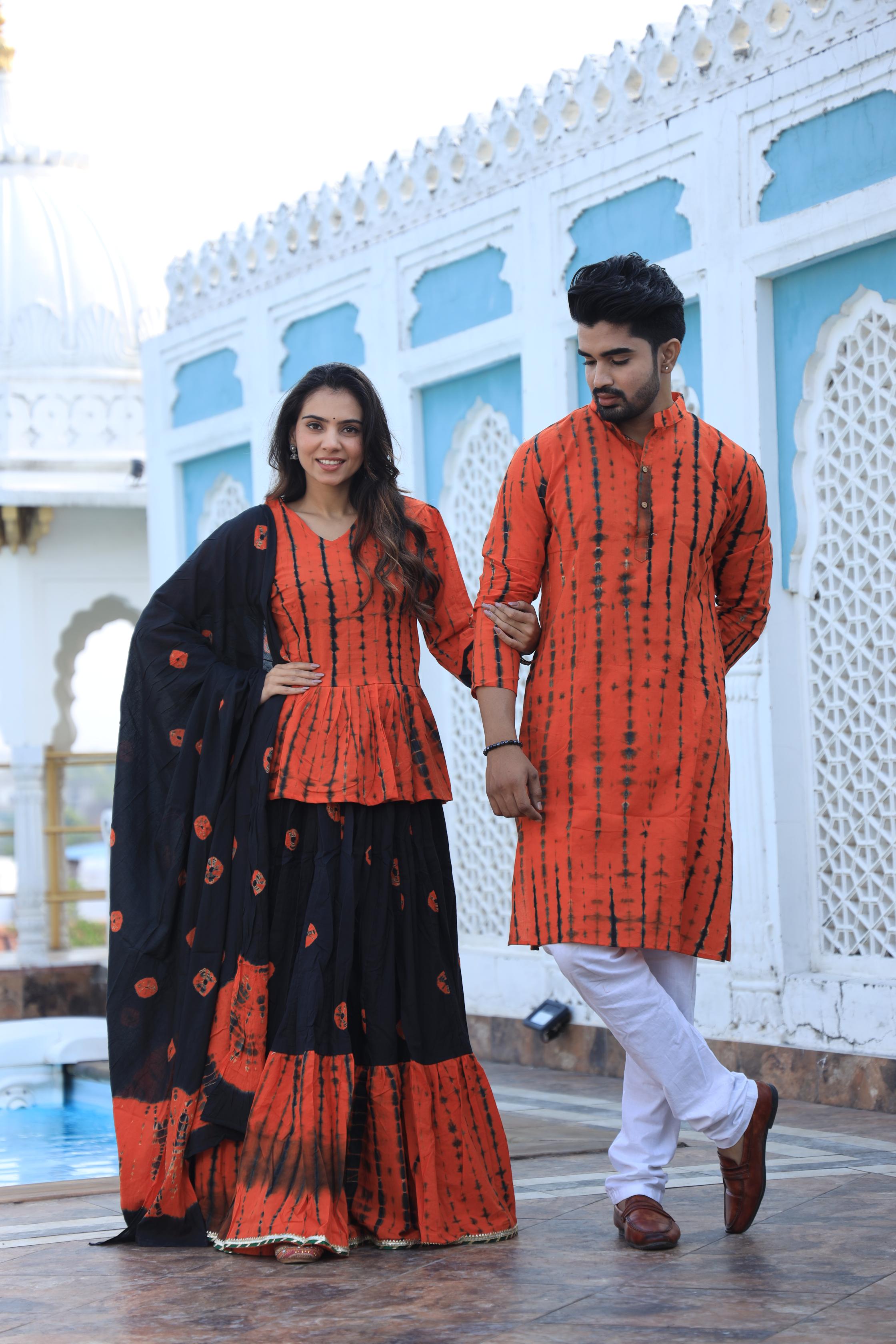 Orange Shibori Tie-Dye Cotton Chaniya Choli & Kurta Couple Set