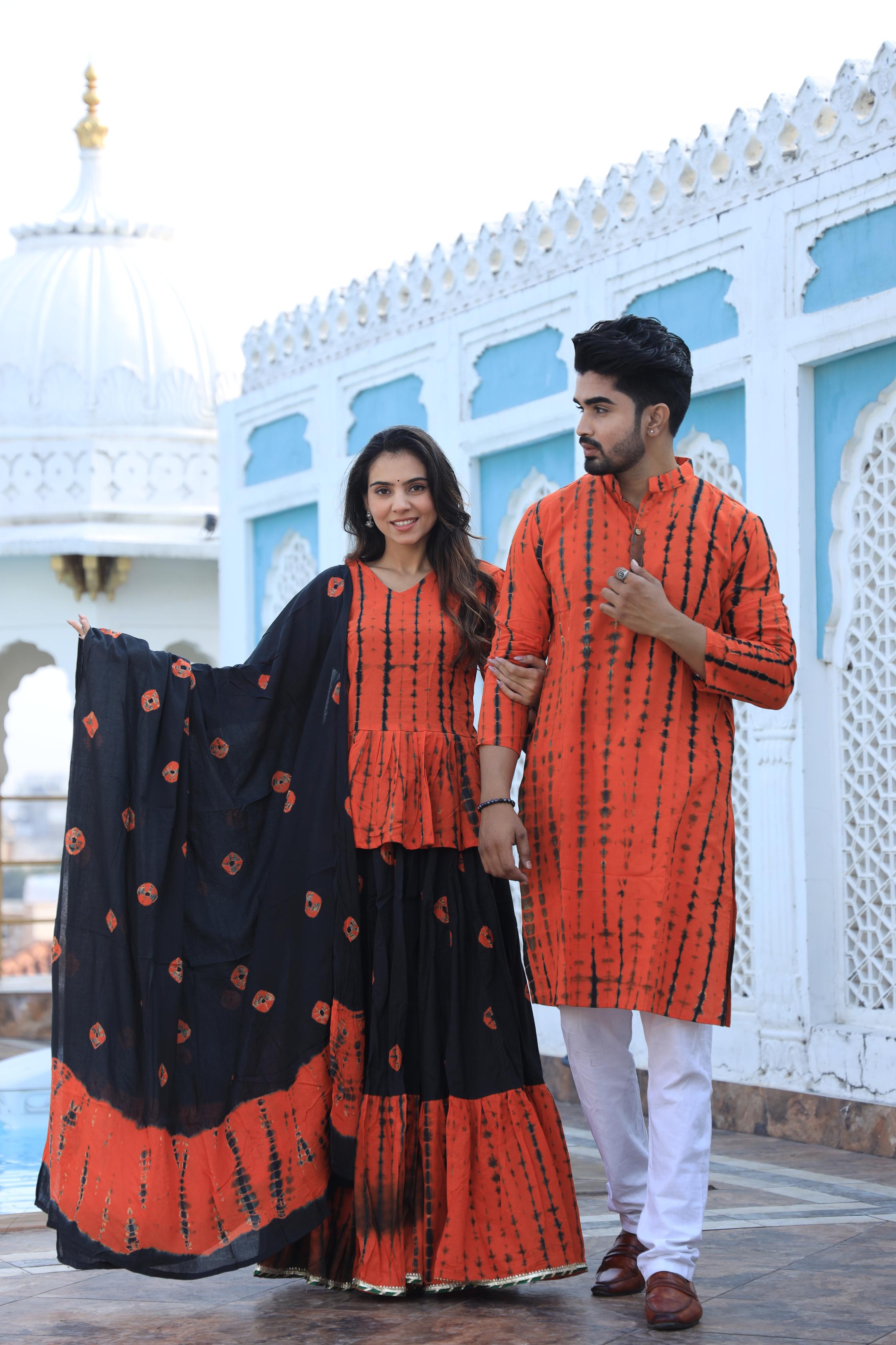 Orange Shibori Tie-Dye Cotton Chaniya Choli & Kurta Couple Set