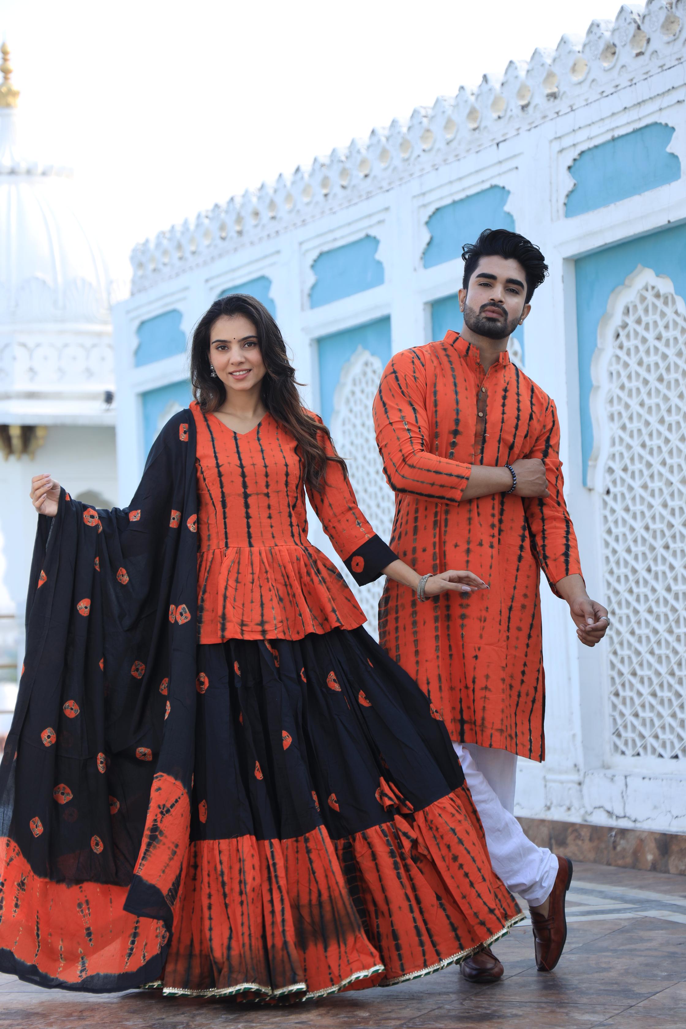 Orange Shibori Tie-Dye Cotton Chaniya Choli & Kurta Couple Set