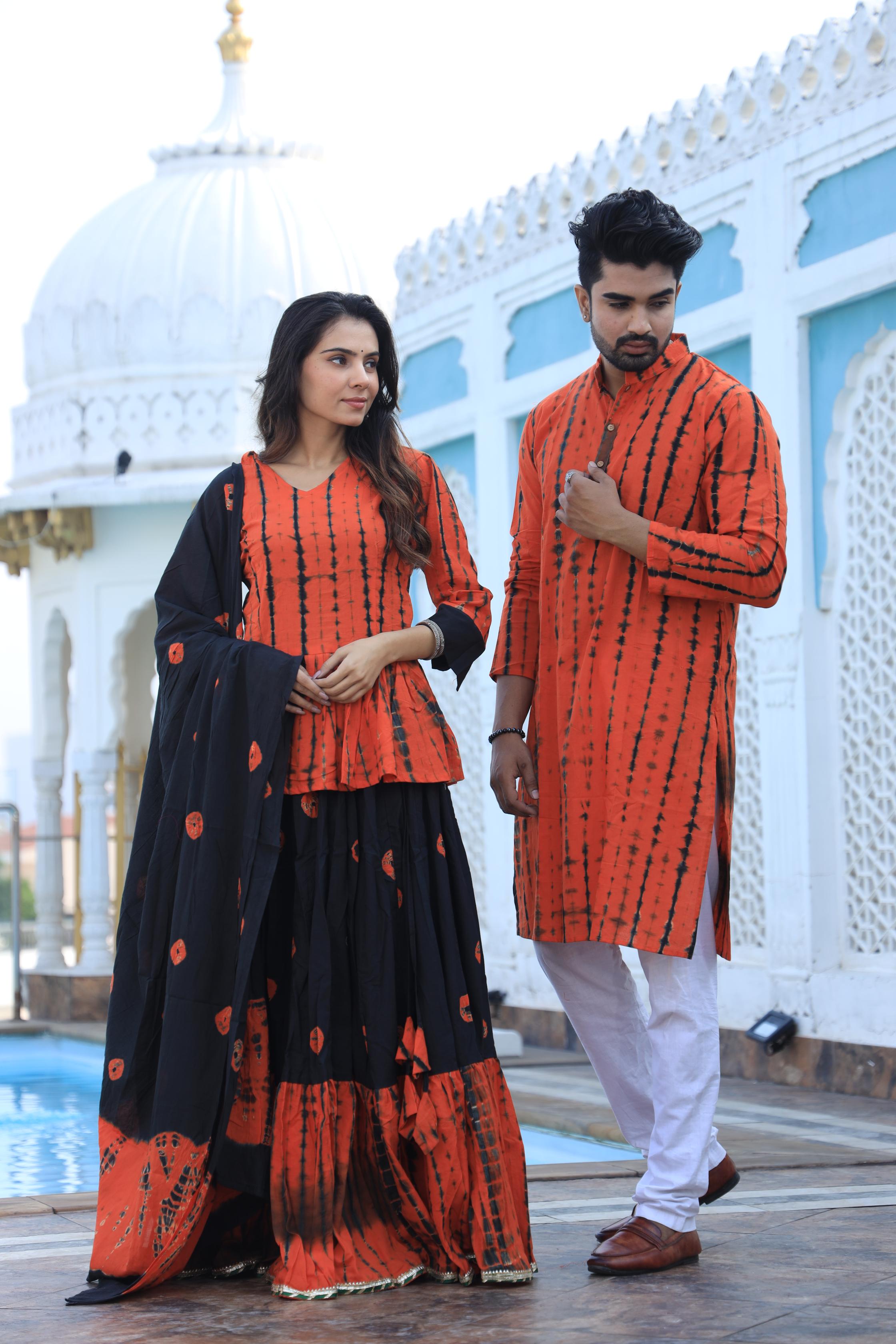 Orange Shibori Tie-Dye Cotton Chaniya Choli & Kurta Couple Set