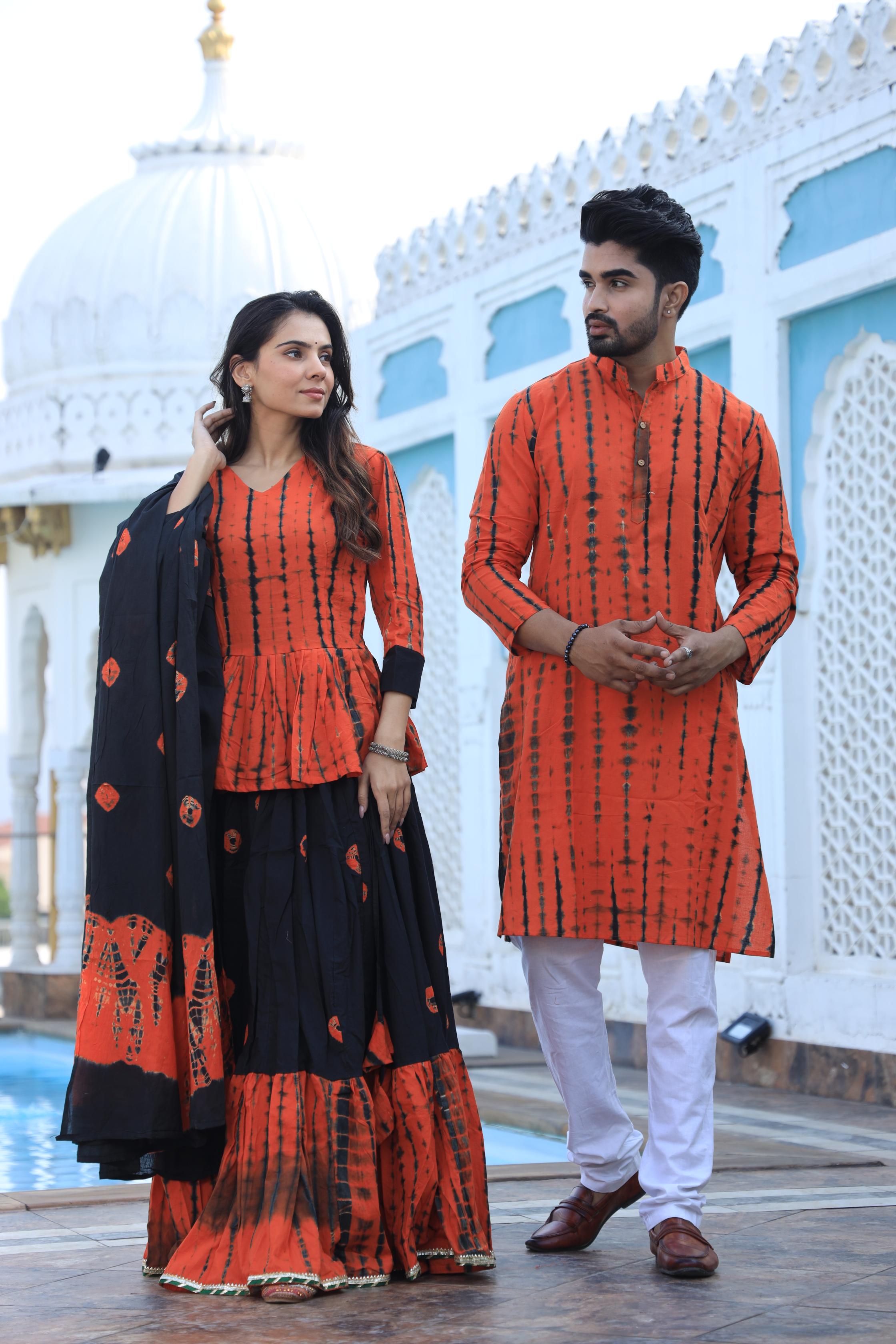 Orange Shibori Tie-Dye Cotton Chaniya Choli & Kurta Couple Set