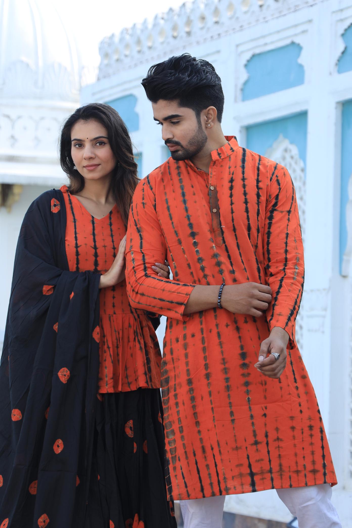 Orange Shibori Tie-Dye Cotton Chaniya Choli & Kurta Couple Set