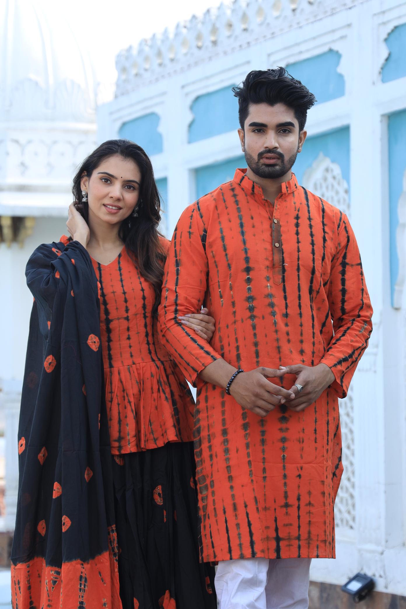 Orange Shibori Tie-Dye Cotton Chaniya Choli & Kurta Couple Set