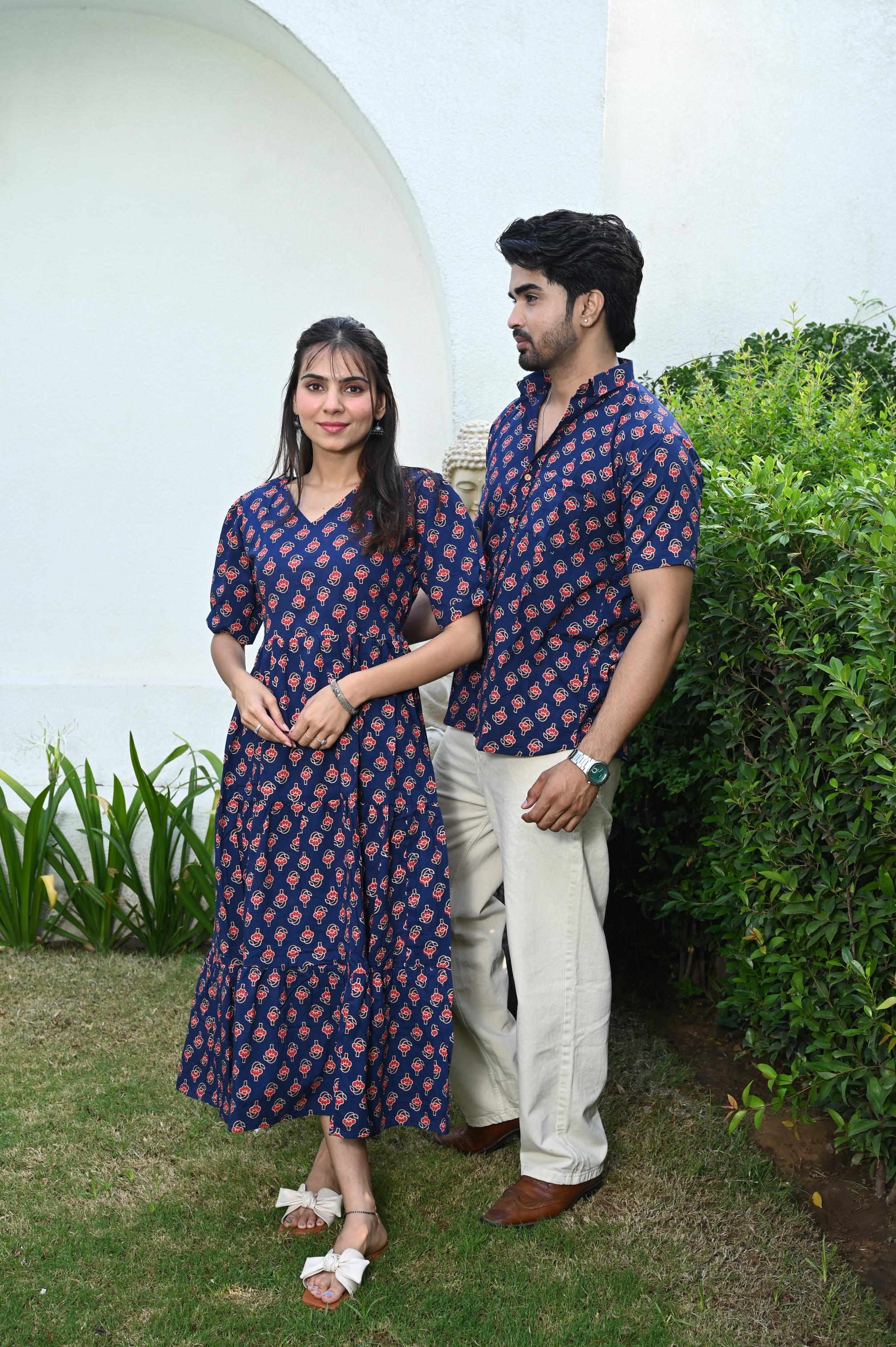 Navy Blue Floral Handprinted Pure Cotton Couple Matching Dress & Shirt Set
