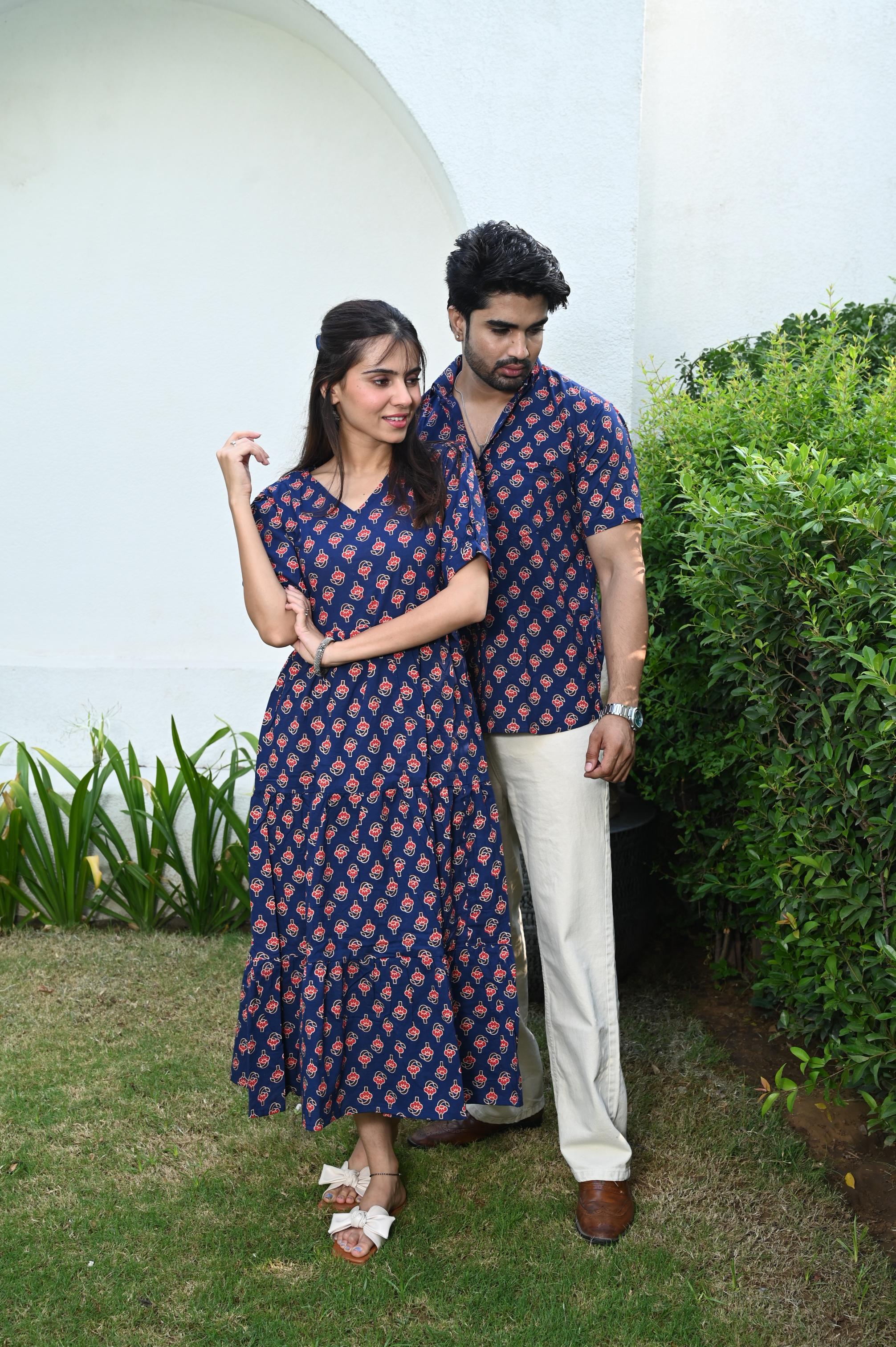 Navy Blue Couple Dress & Shirt Set | Kimaari Navy Blue Couple Dress & Shirt Set | Kimaari