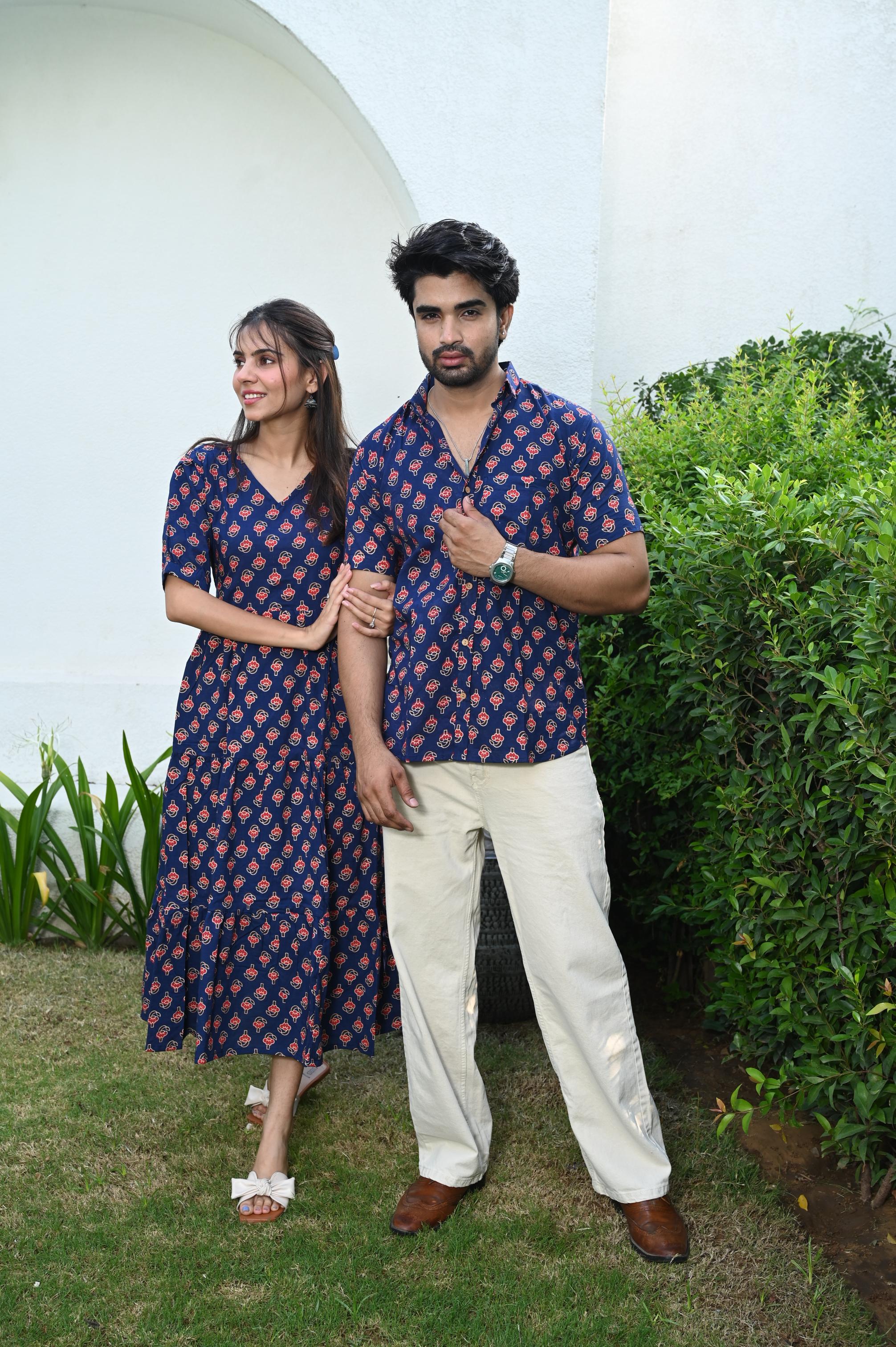 Navy Blue Floral Handprinted Pure Cotton Couple Matching Dress & Shirt Set