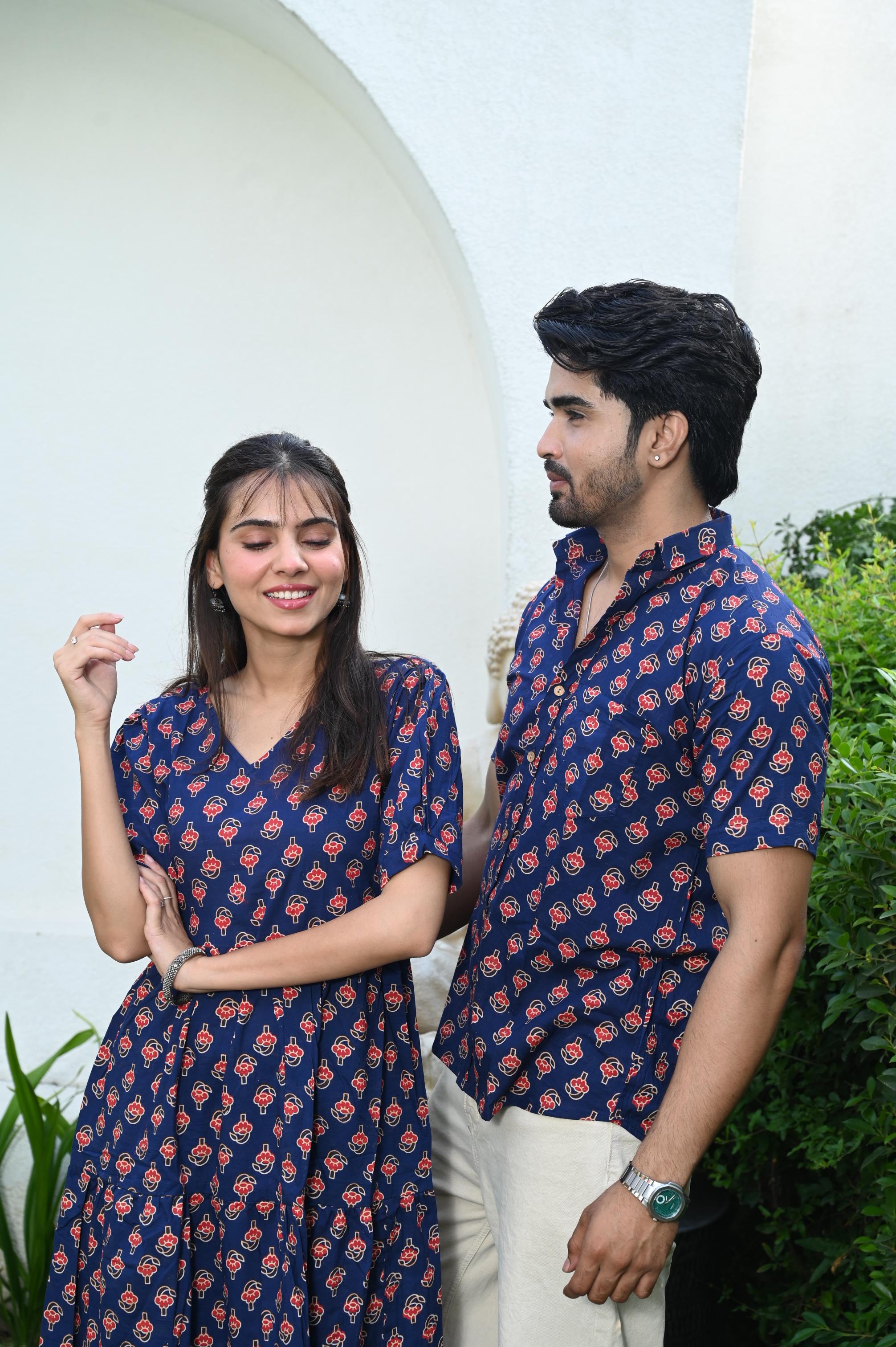 Navy Blue Floral Handprinted Pure Cotton Couple Matching Dress & Shirt Set