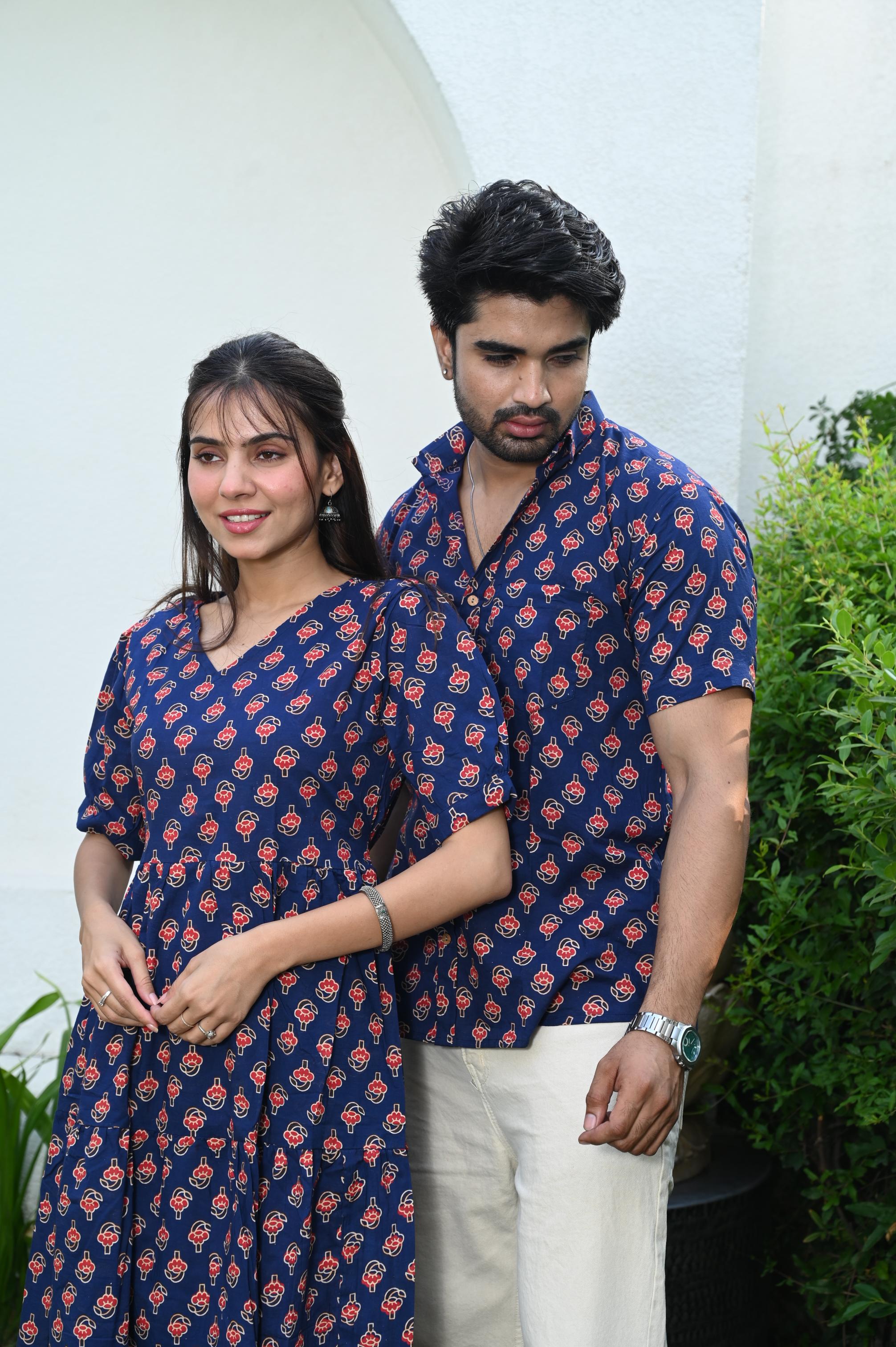 Navy Blue Floral Handprinted Pure Cotton Couple Matching Dress & Shirt Set