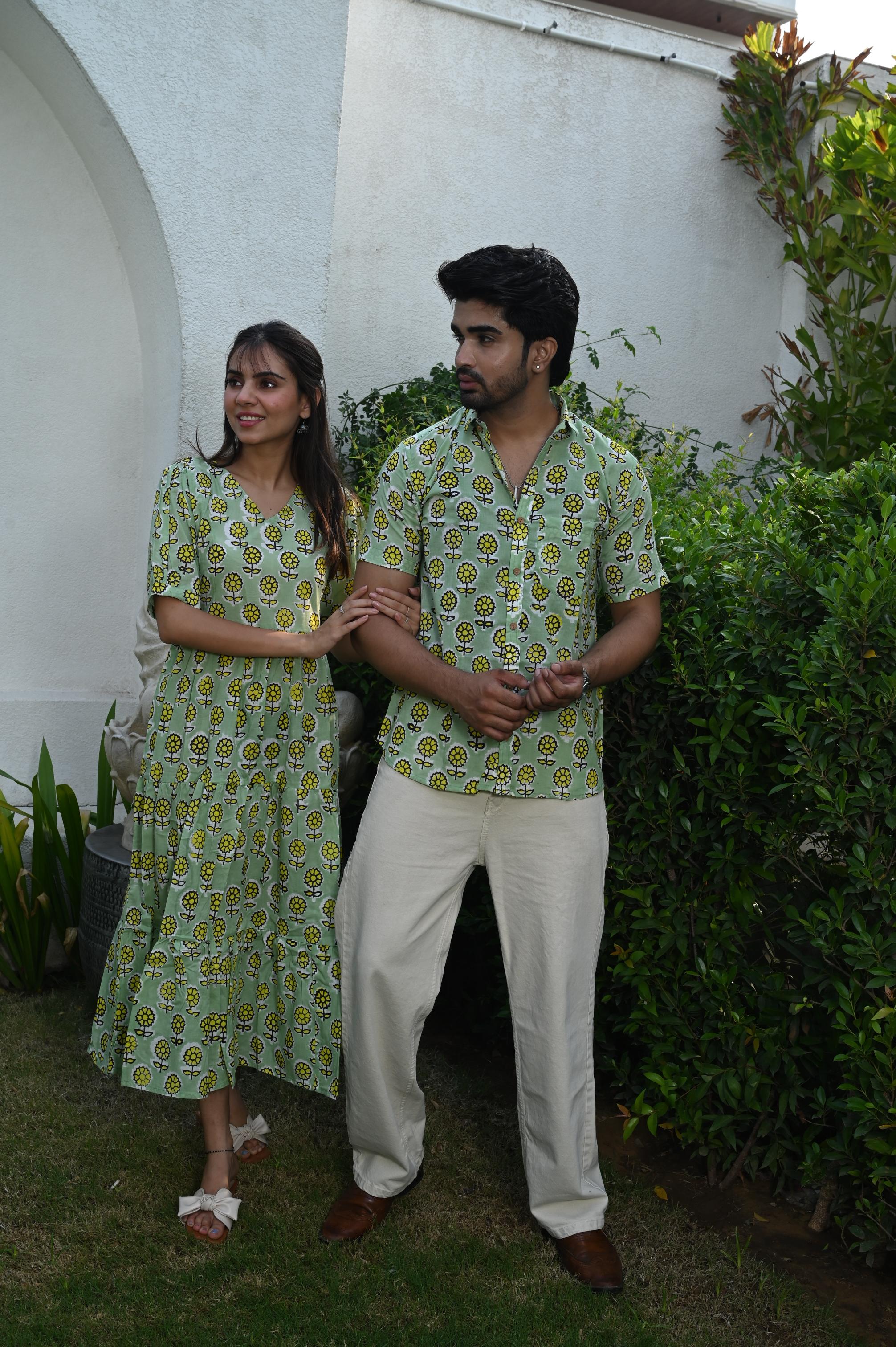 Light Green Sunflower Block Print Pure Cotton Couple Dress & Shirt Set
