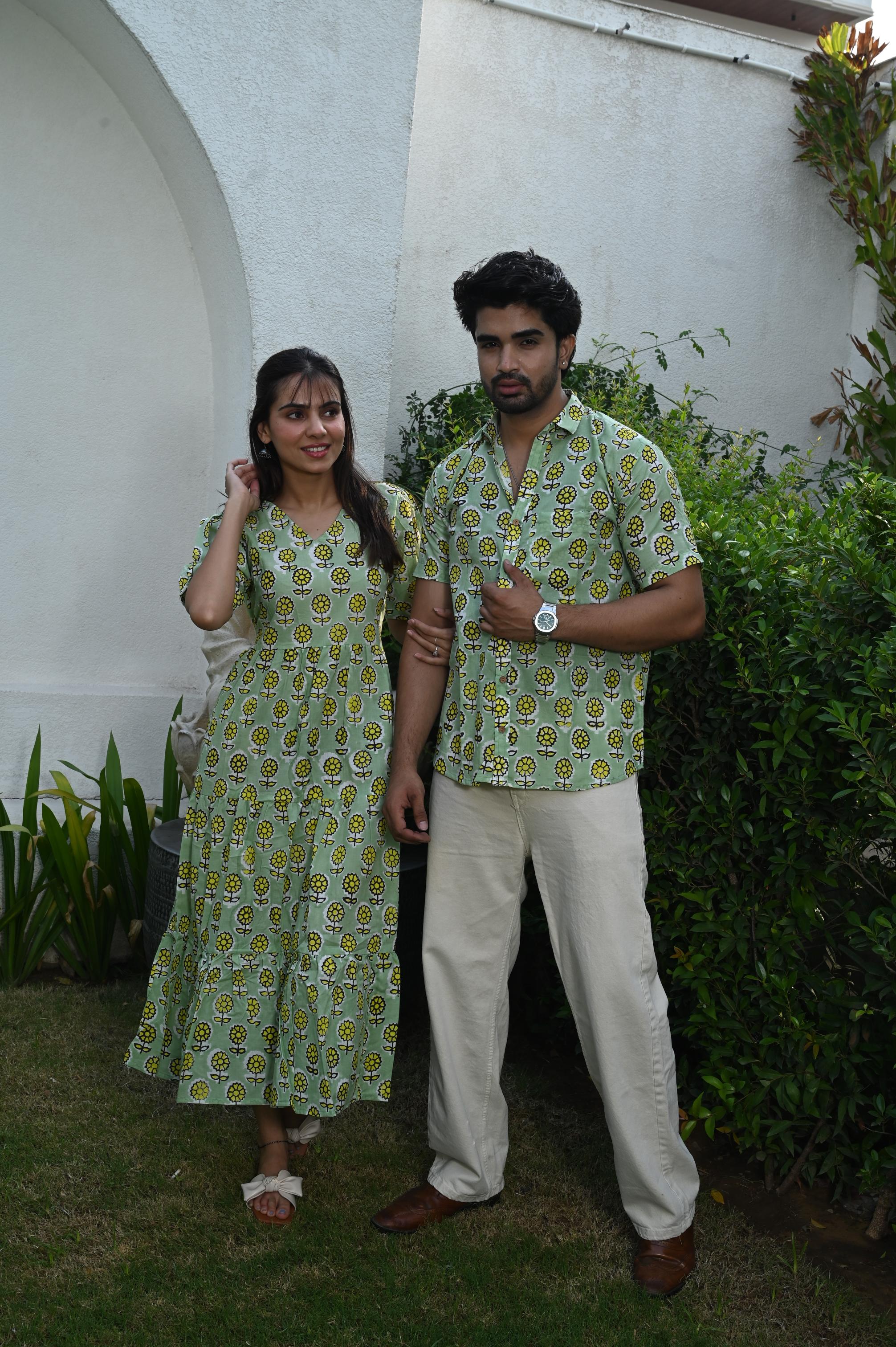 Light Green Sunflower Block Print Pure Cotton Couple Dress & Shirt Set