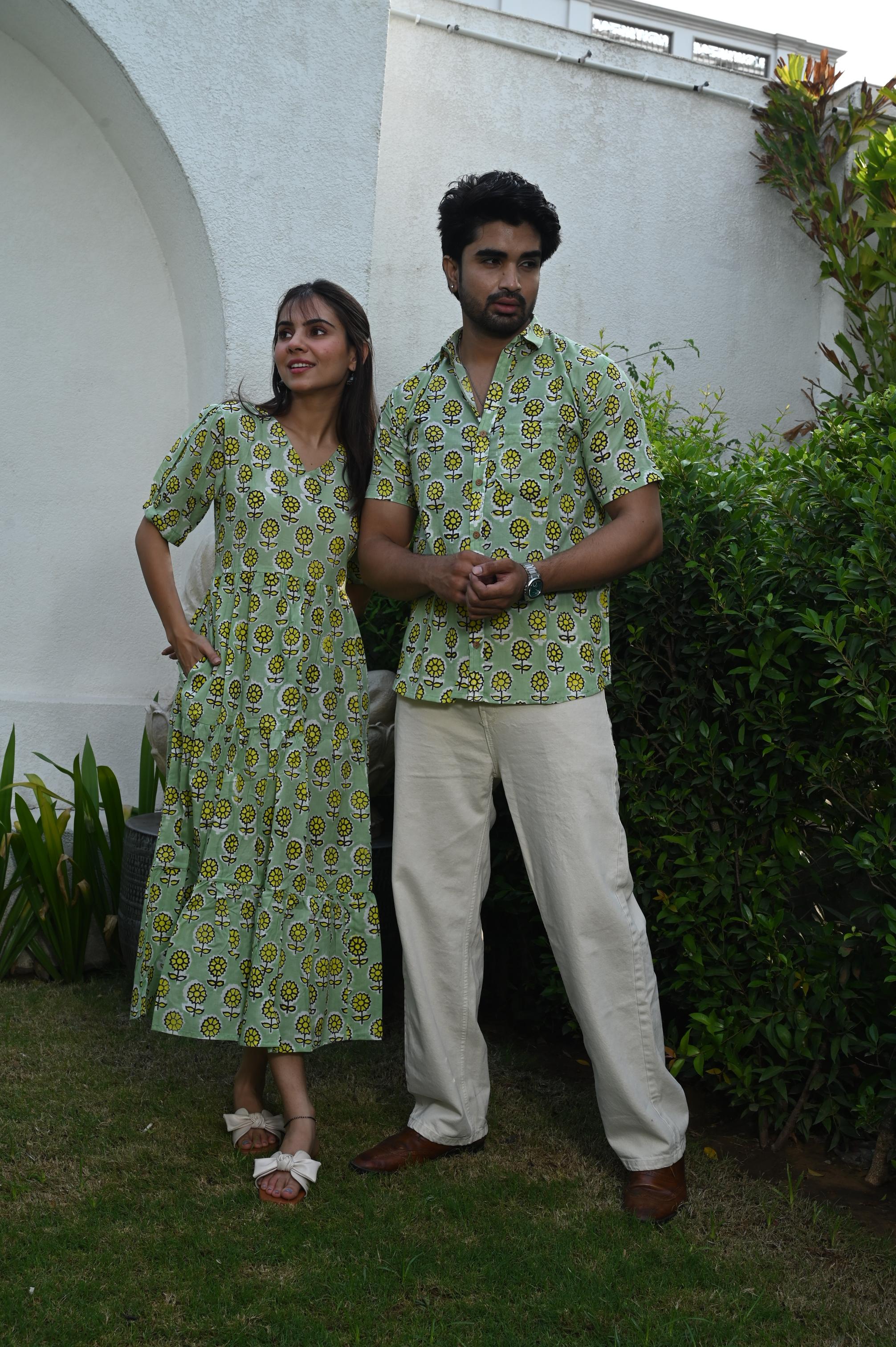 Light Green Sunflower Block Print Pure Cotton Couple Dress & Shirt Set