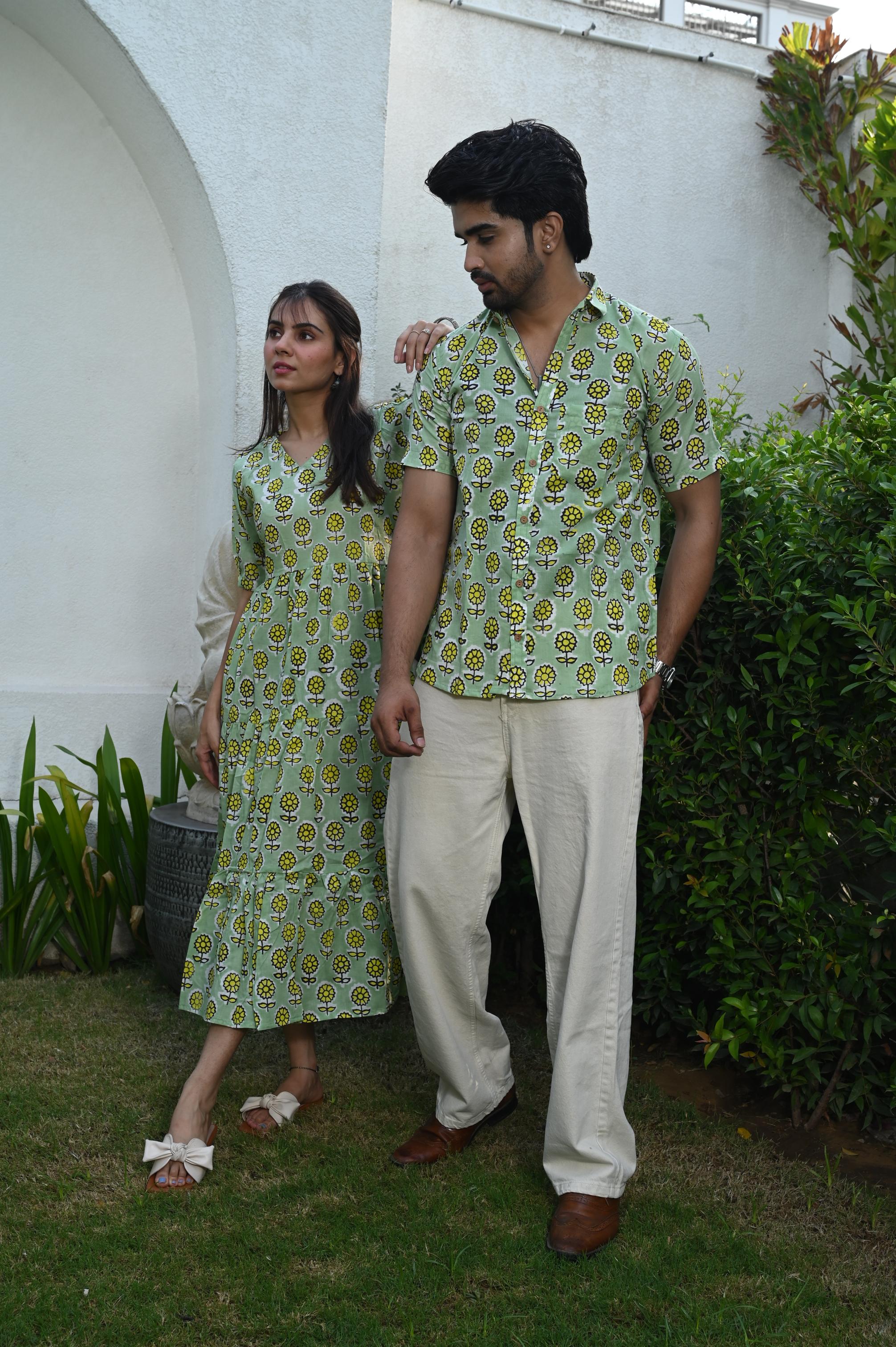 Light Green Sunflower Block Print Pure Cotton Couple Dress & Shirt Set