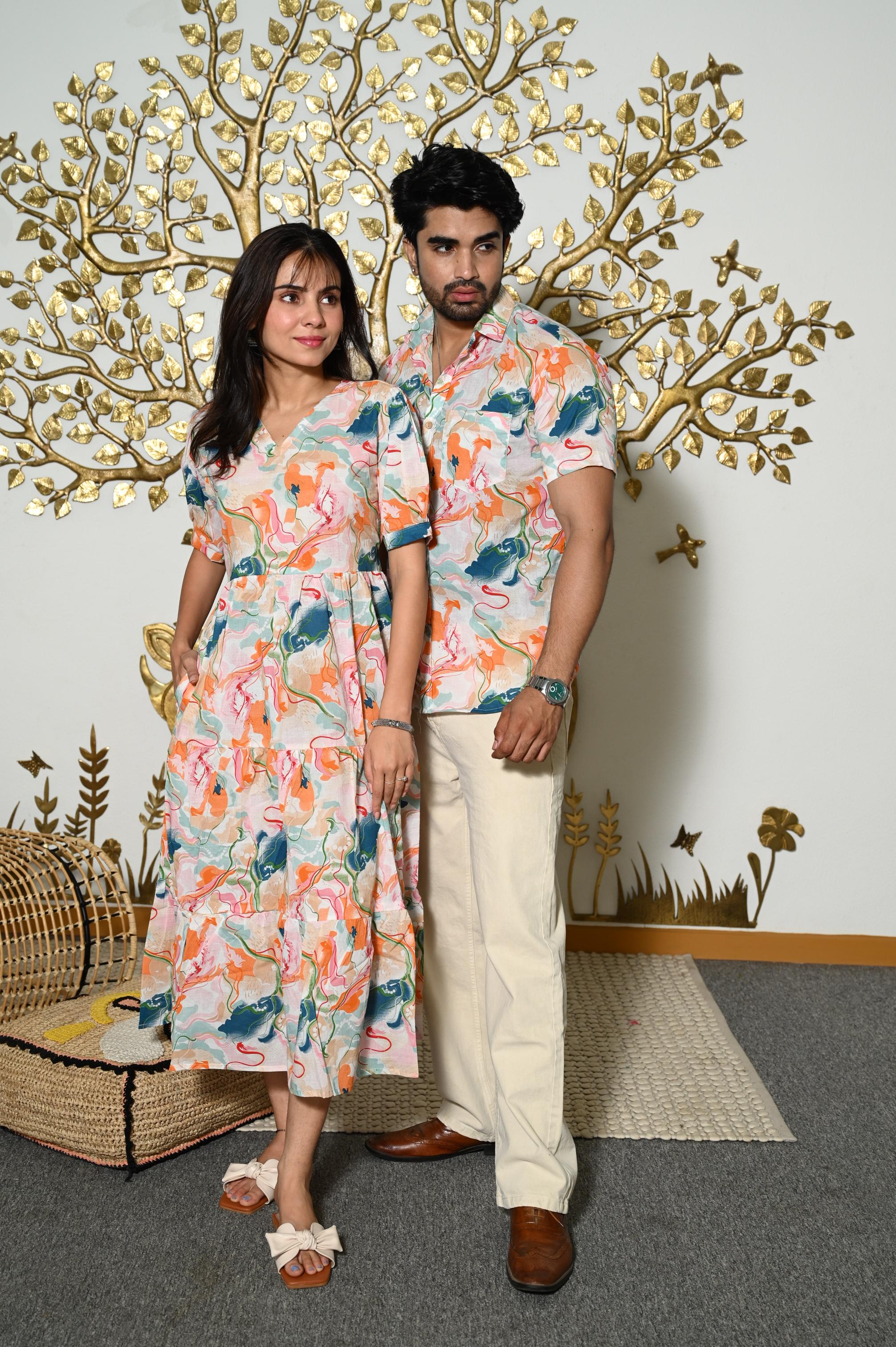 Multicolor Abstract Print Pure Cotton Couple Dress & Shirt Set