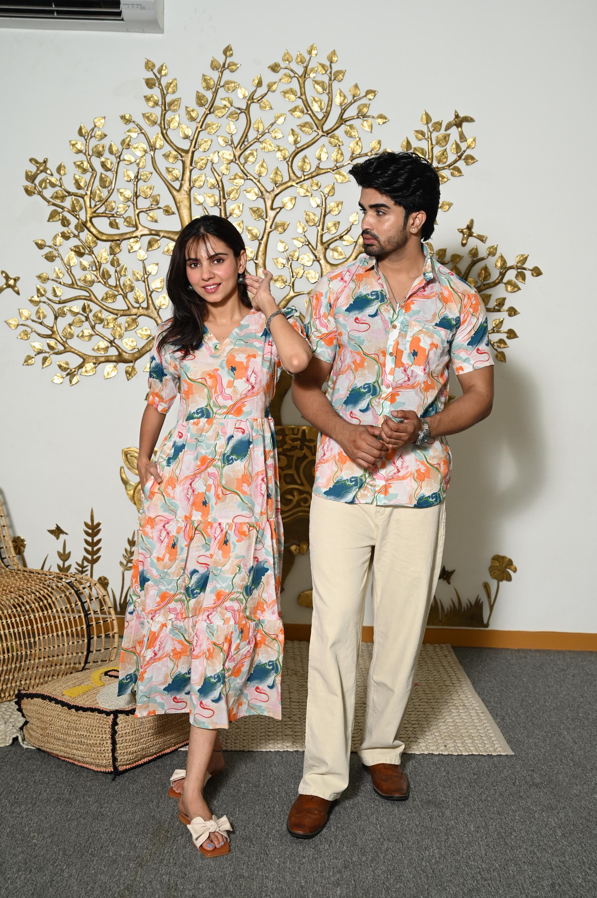 Multicolor Abstract Print Pure Cotton Couple Dress & Shirt Set