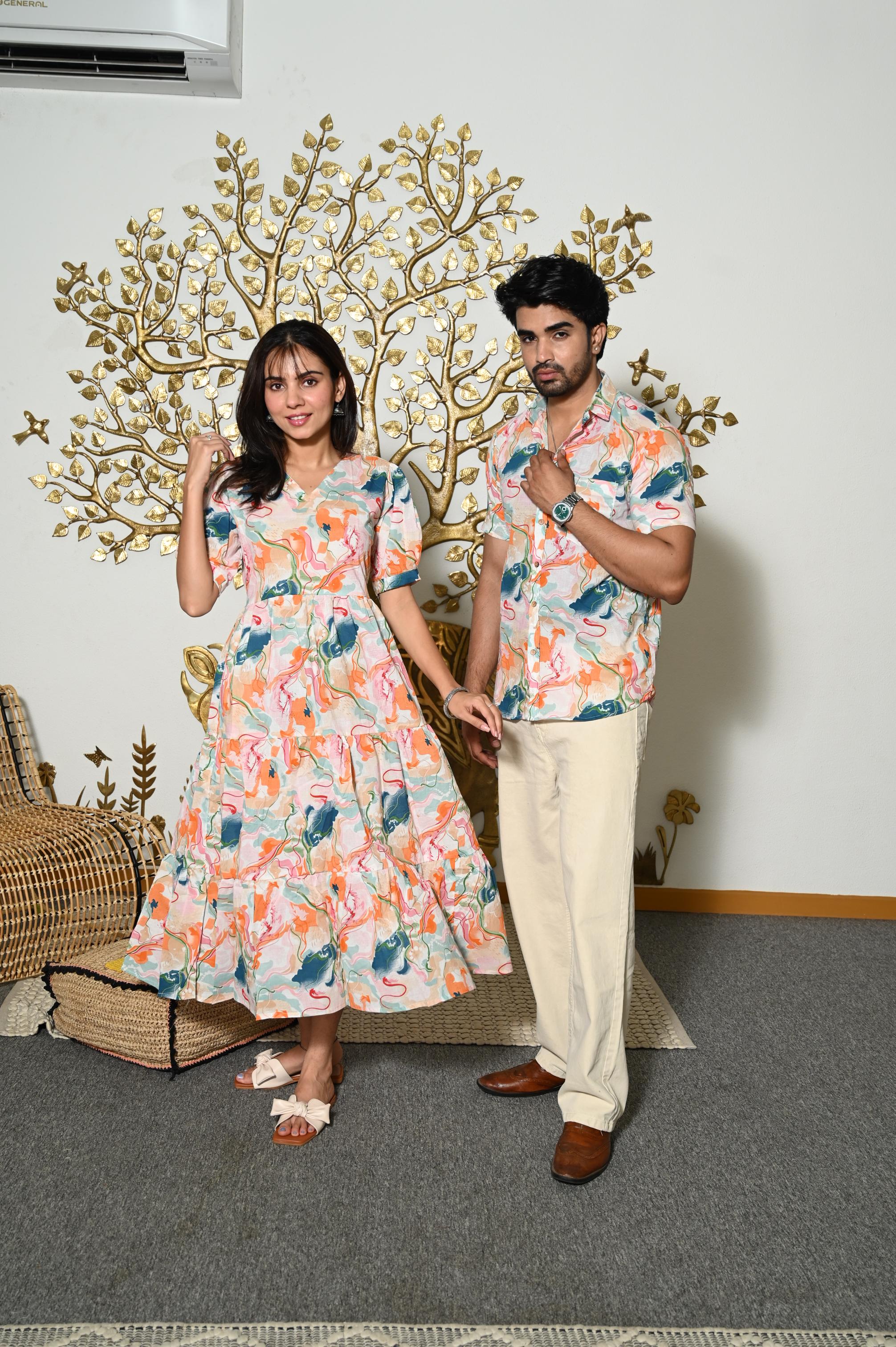 Multicolor Abstract Print Pure Cotton Couple Dress & Shirt Set