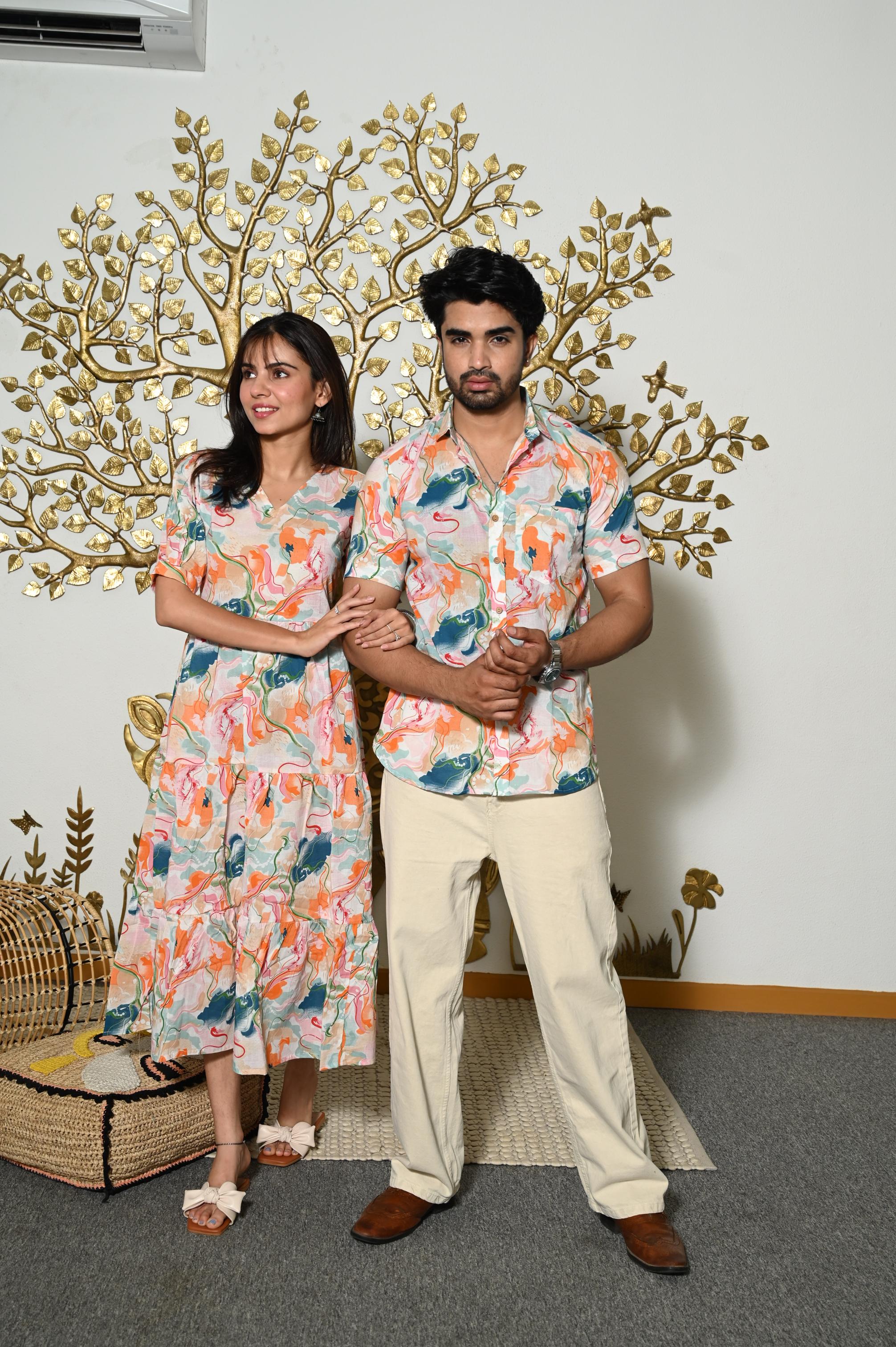 Multicolor Abstract Print Pure Cotton Couple Dress & Shirt Set
