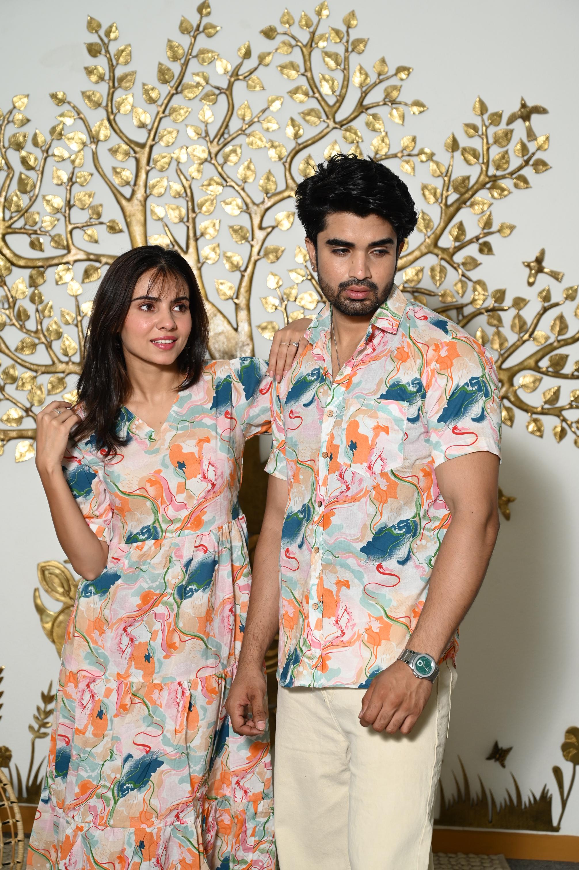 Multicolor Abstract Print Pure Cotton Couple Dress & Shirt Set