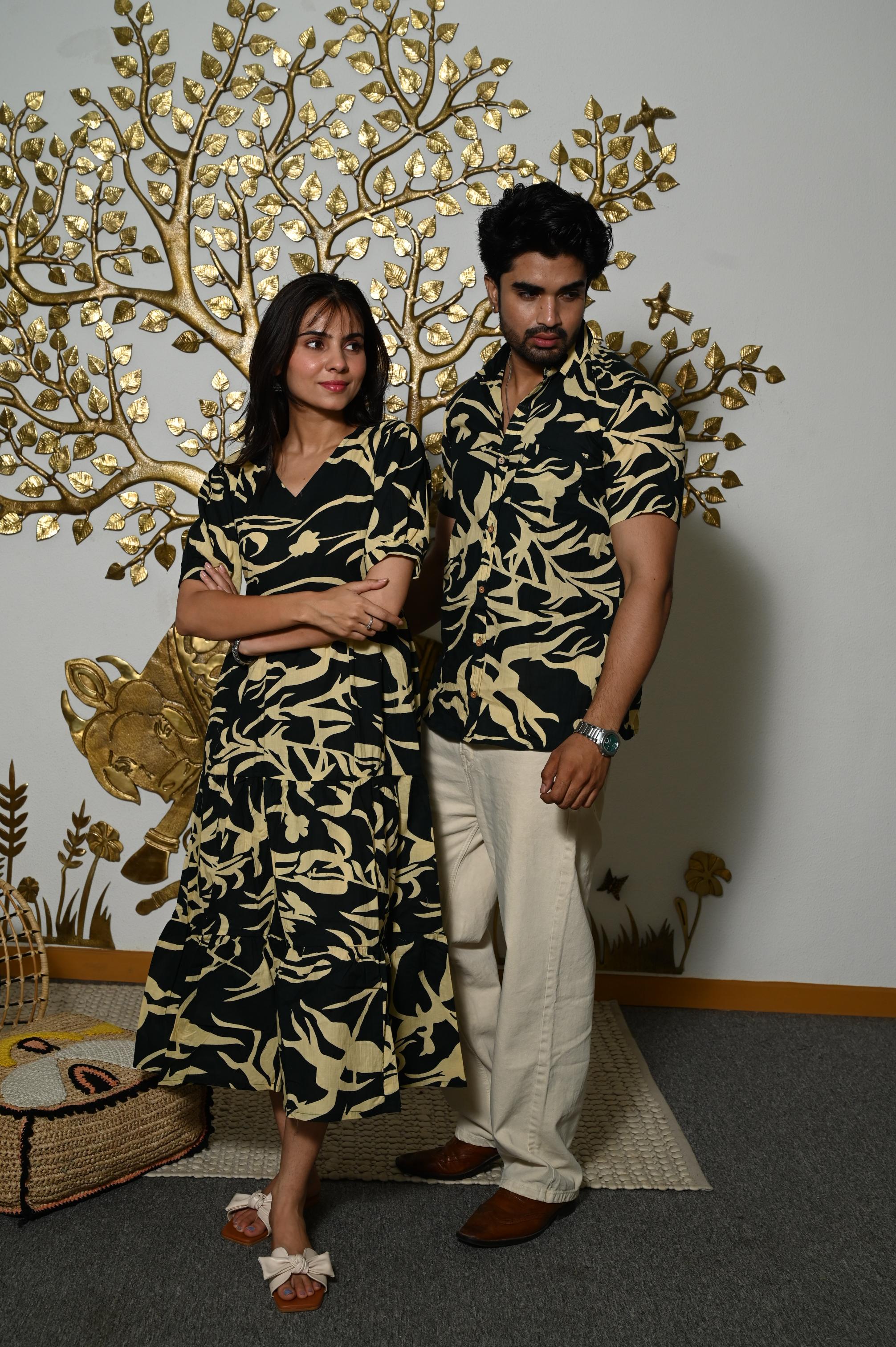 Black Botanical Handprinted Pure Cotton Couple Dress & Shirt Set