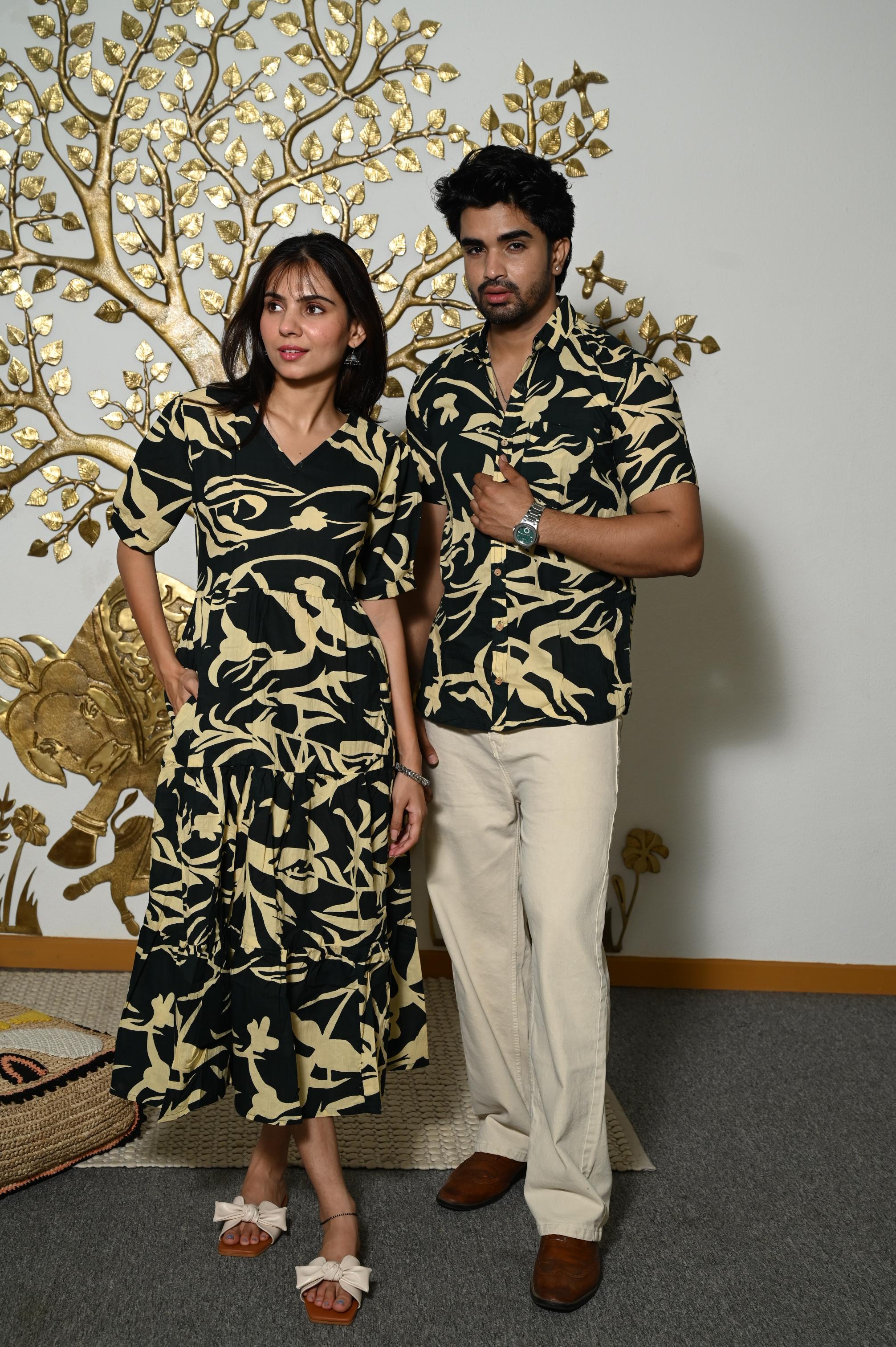 Black Botanical Handprinted Pure Cotton Couple Dress & Shirt Set