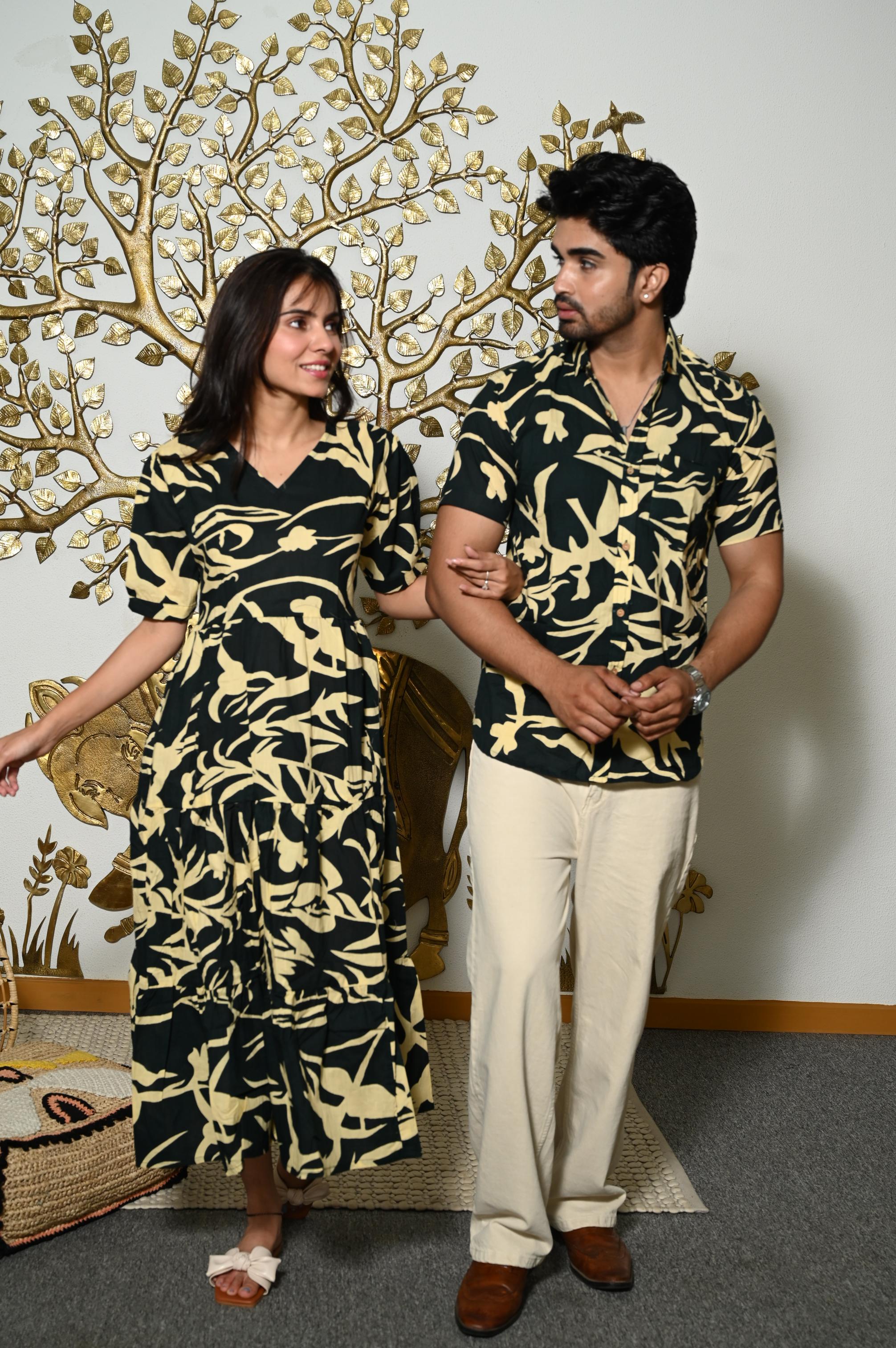 Black Botanical Handprinted Pure Cotton Couple Dress & Shirt Set