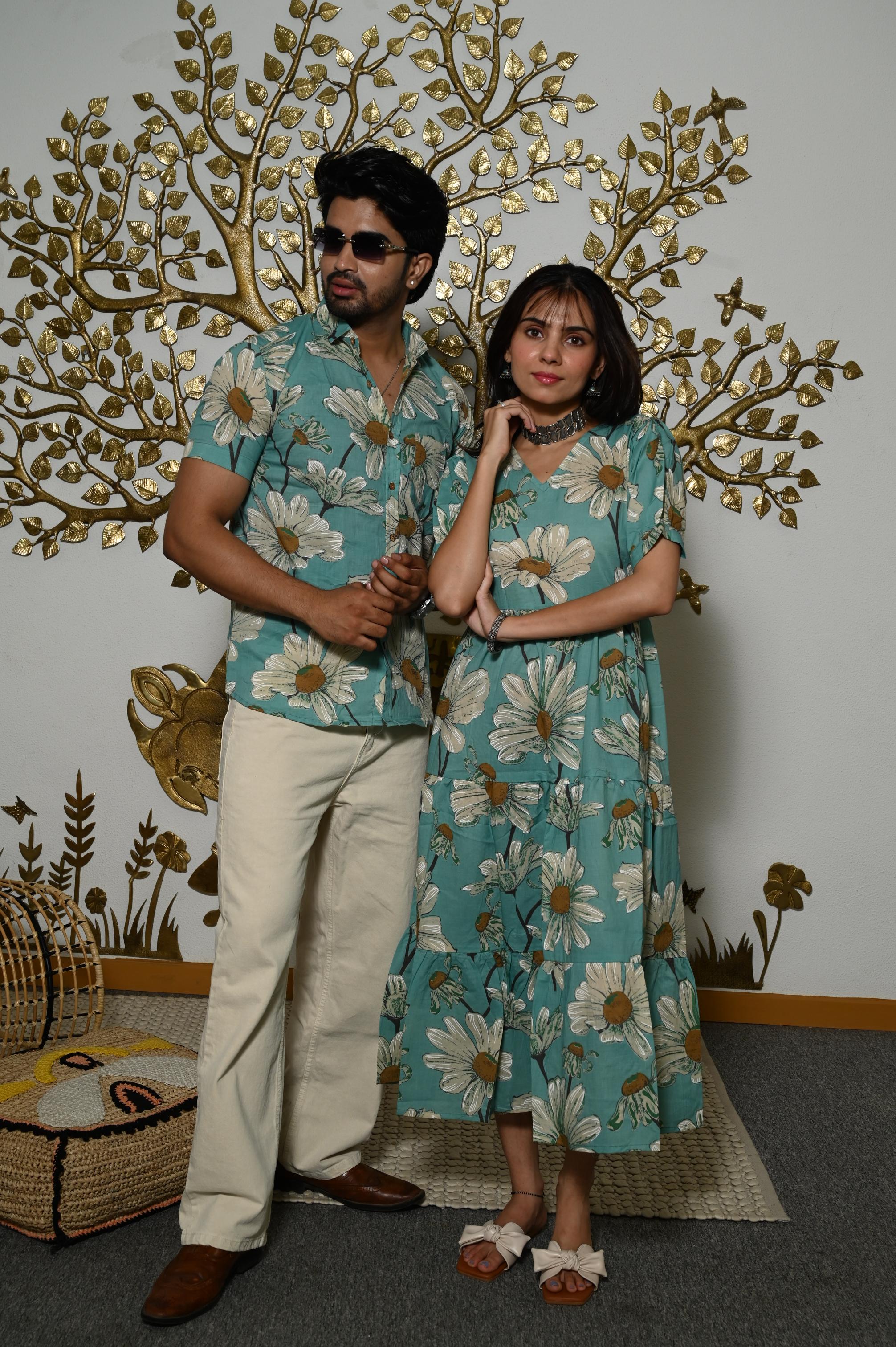 Teal Green Oversized Floral Handprinted Pure Cotton Couple Dress & Shirt Set