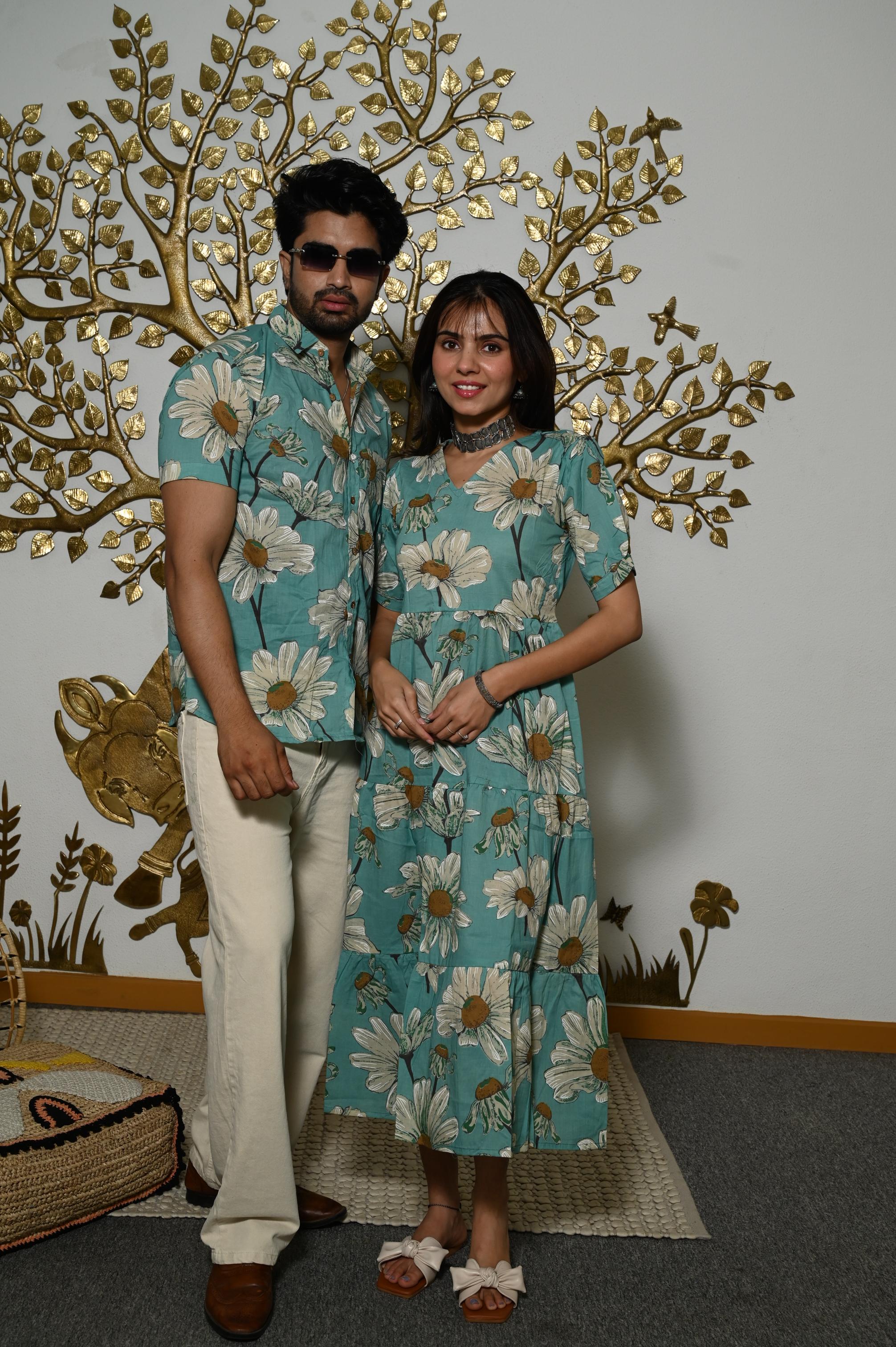 Teal Green Oversized Floral Handprinted Pure Cotton Couple Dress & Shirt Set