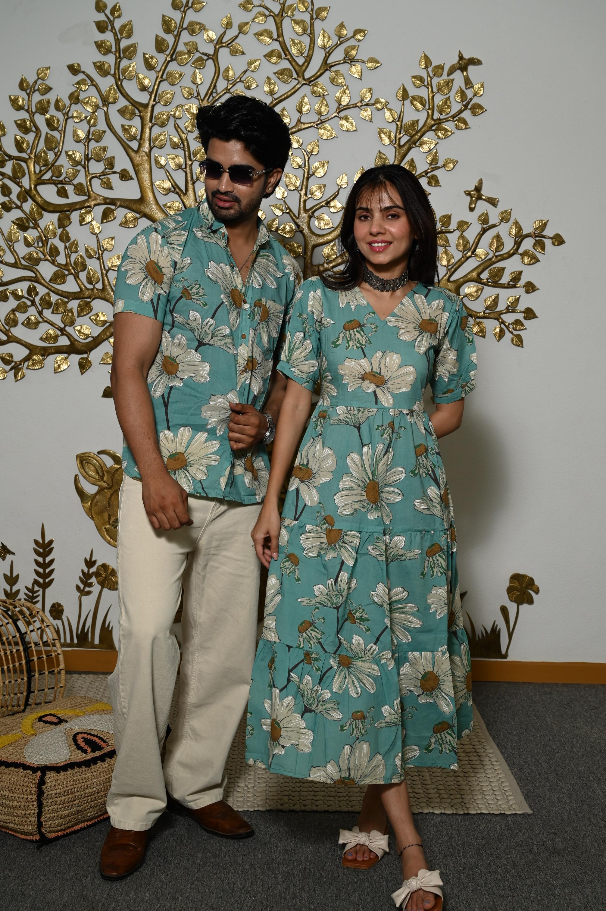 Teal Green Oversized Floral Handprinted Pure Cotton Couple Dress & Shirt Set