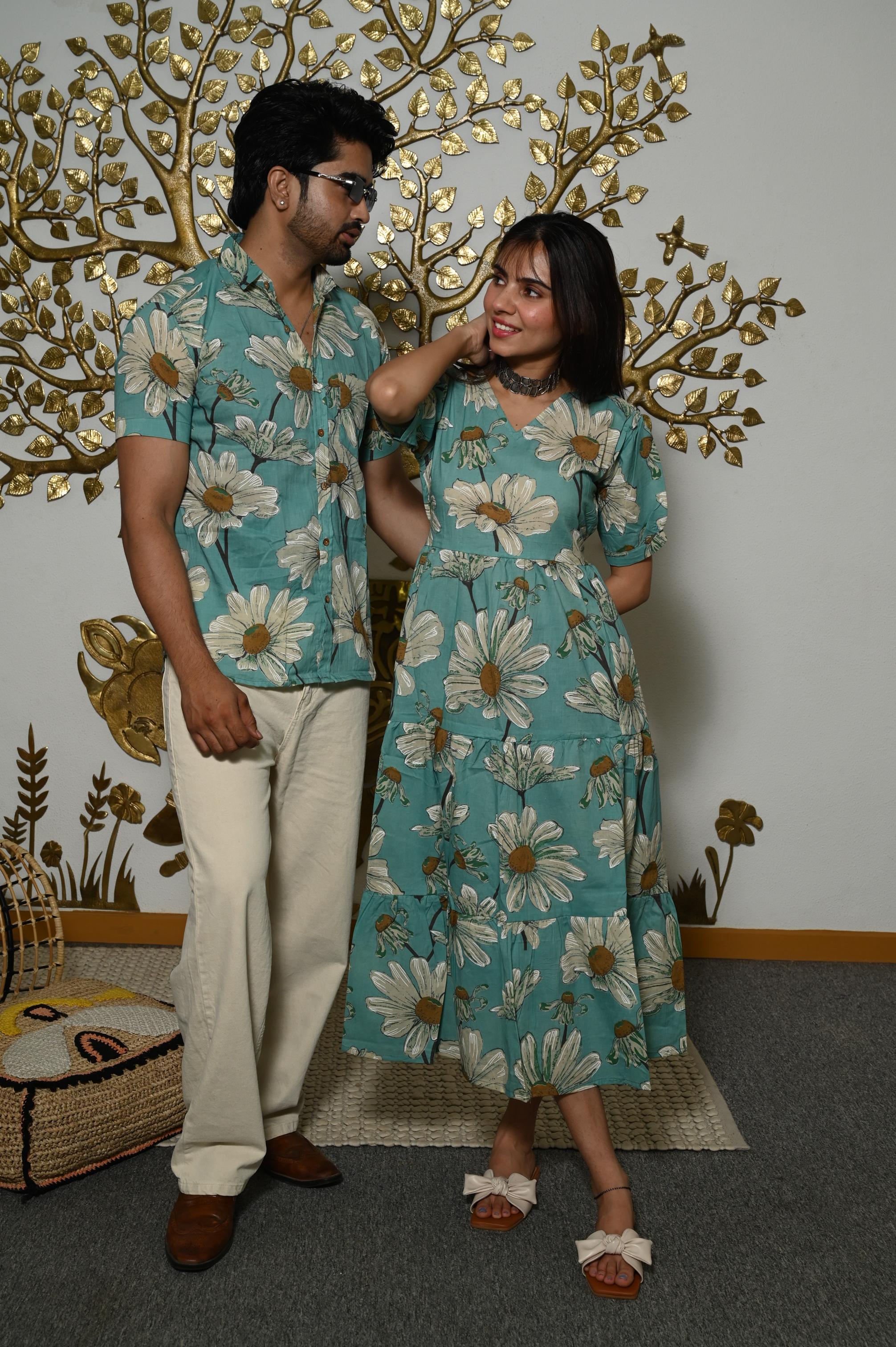 Teal Green Oversized Floral Handprinted Pure Cotton Couple Dress & Shirt Set