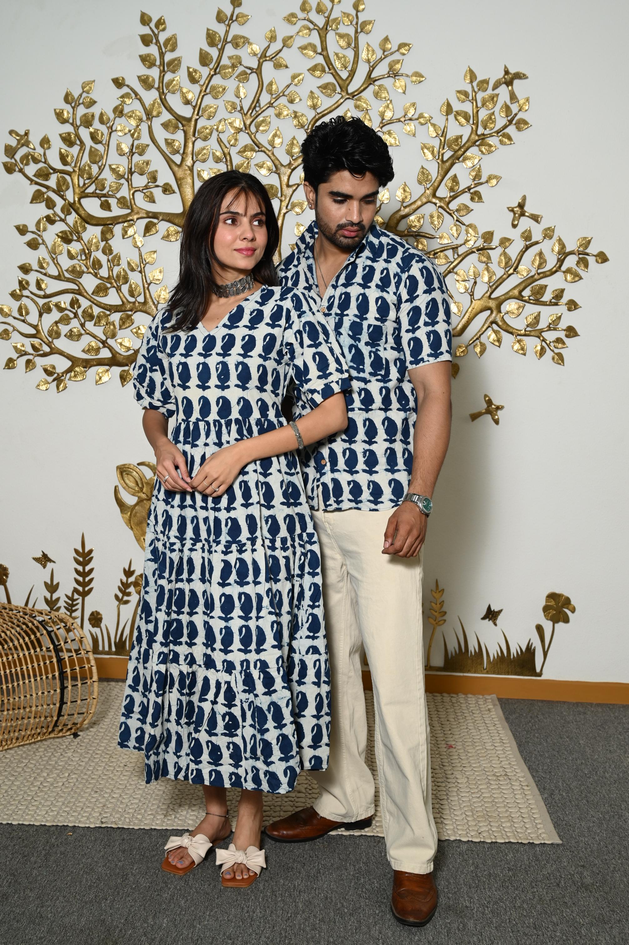 Off-White & Indigo Buta Print Pure Cotton Couple Dress & Shirt Set