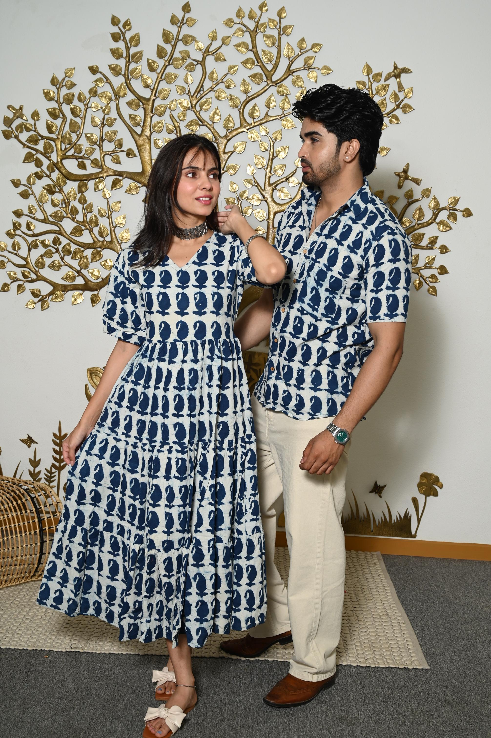 Off-White & Indigo Buta Print Pure Cotton Couple Dress & Shirt Set