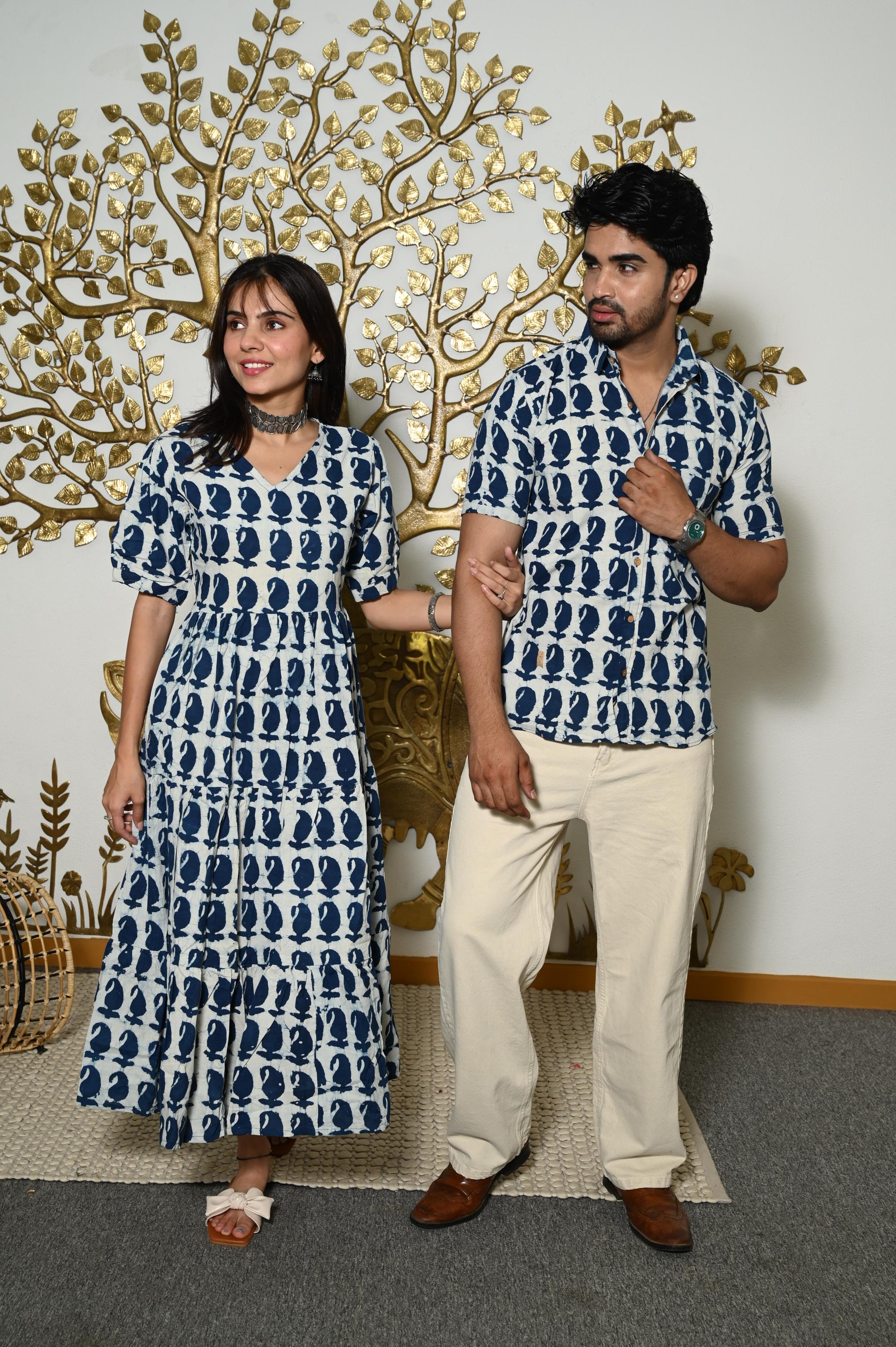 Off-White & Indigo Buta Print Pure Cotton Couple Dress & Shirt Set