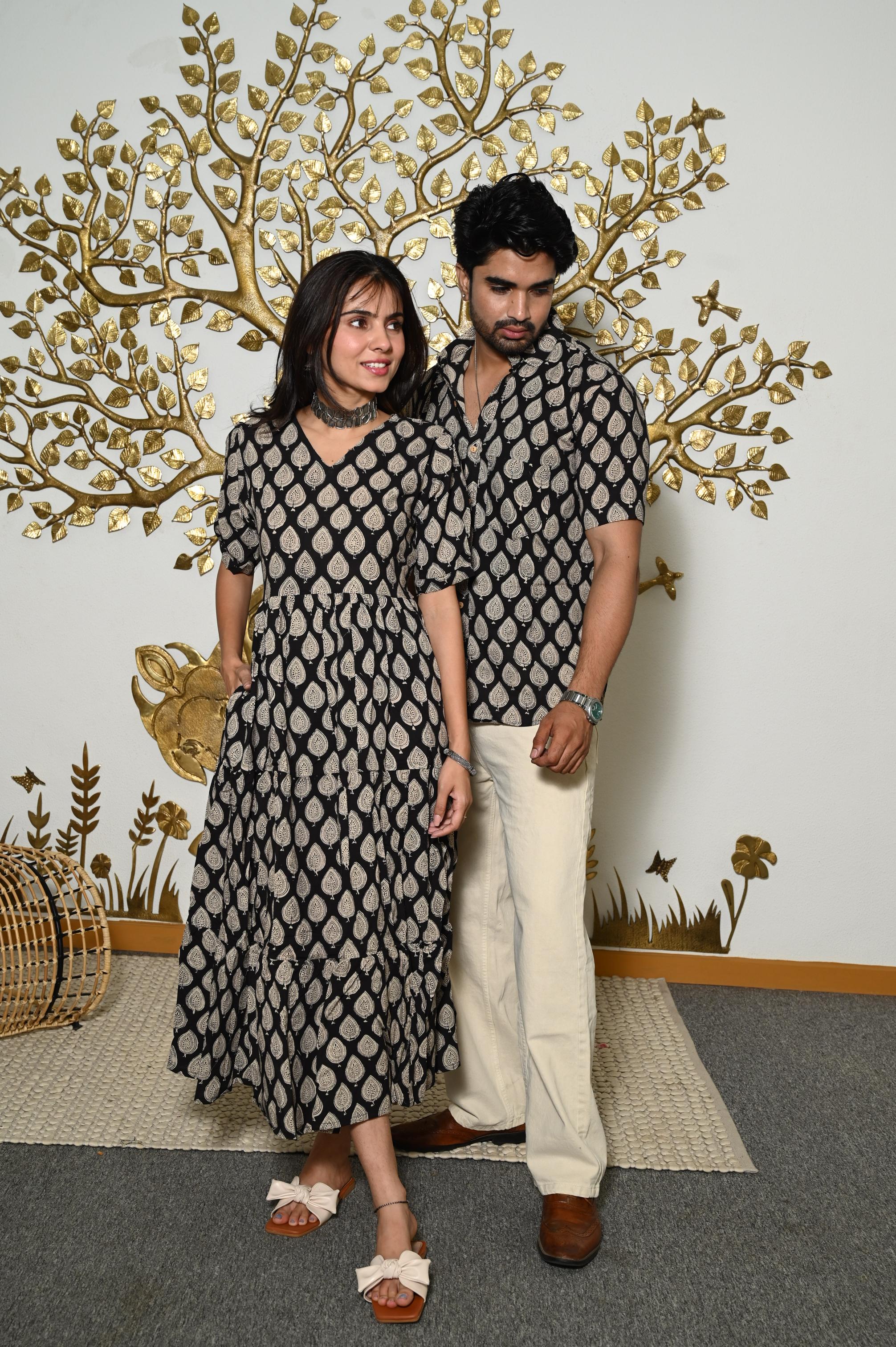 Black Geometric Leaf Handprinted Pure Cotton Couple Dress & Shirt Set